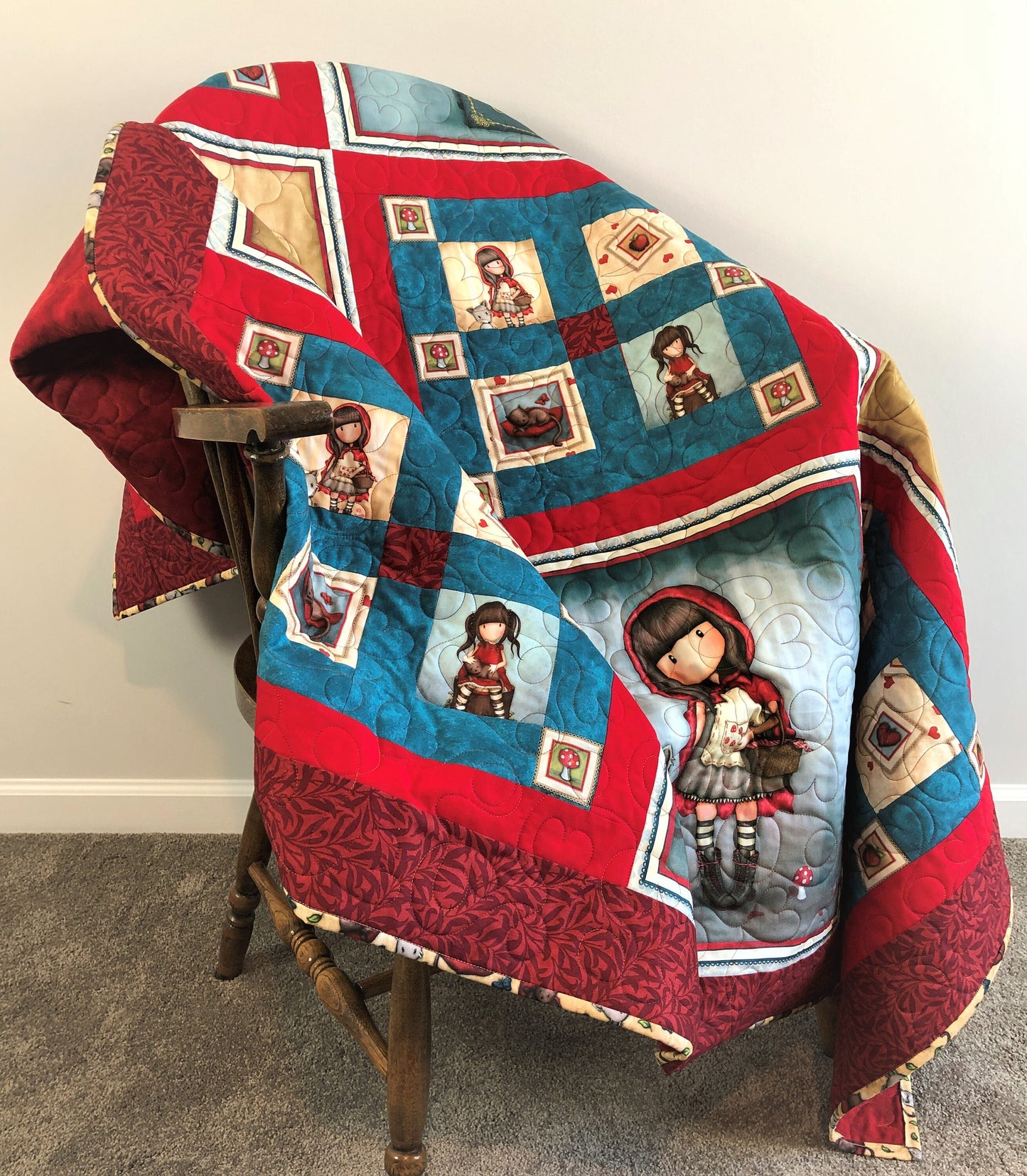 Reading Quilt, Girls and Books, Little Red Riding Hood, Red and Blue, Lap Size