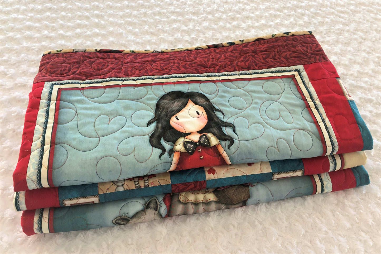 Reading Quilt, Girls and Books, Little Red Riding Hood, Red and Blue, Lap Size