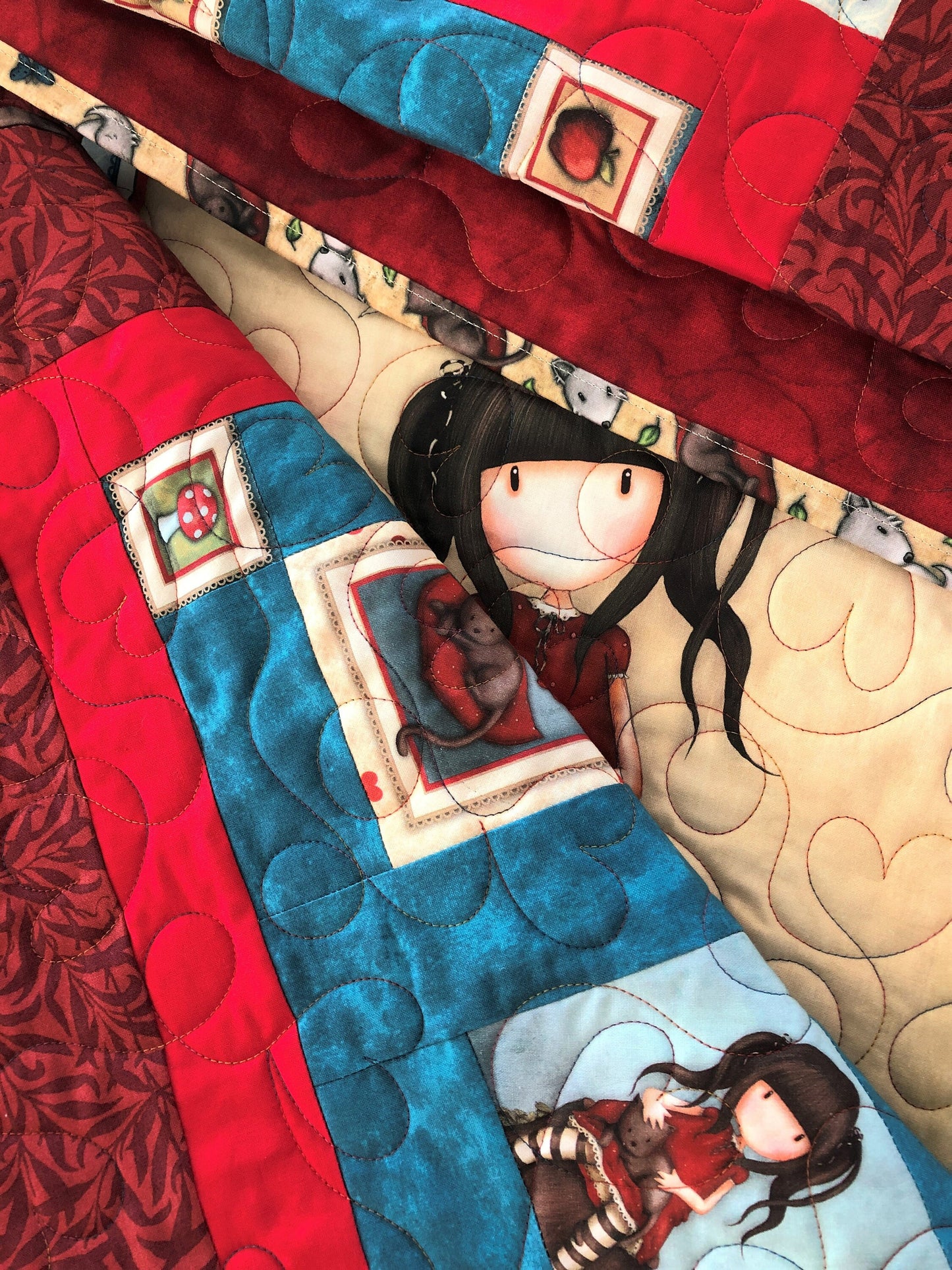 Reading Quilt, Girls and Books, Little Red Riding Hood, Red and Blue, Lap Size