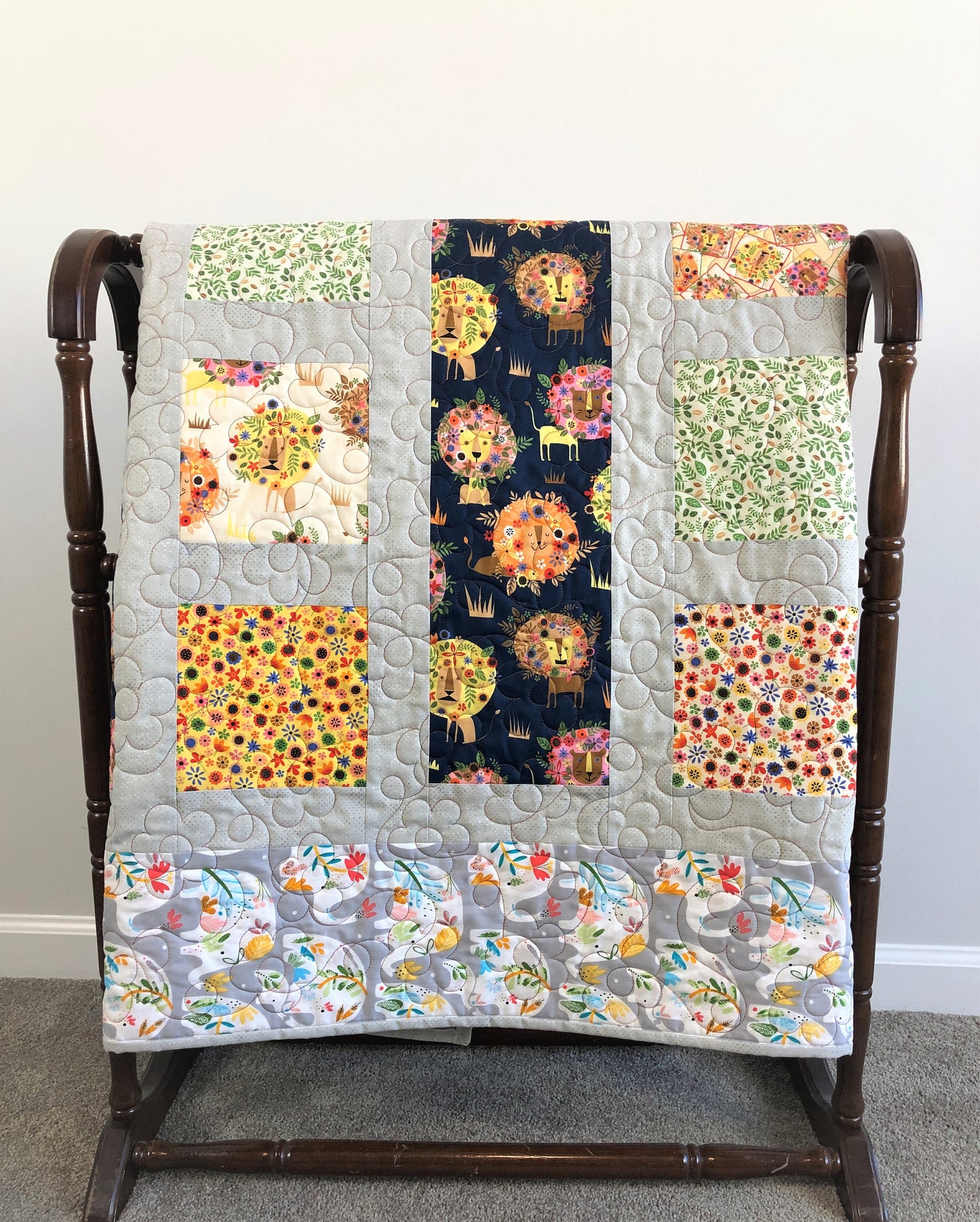 Lions and Elephants Quilt, Gray and Multi Color, Lap Size
