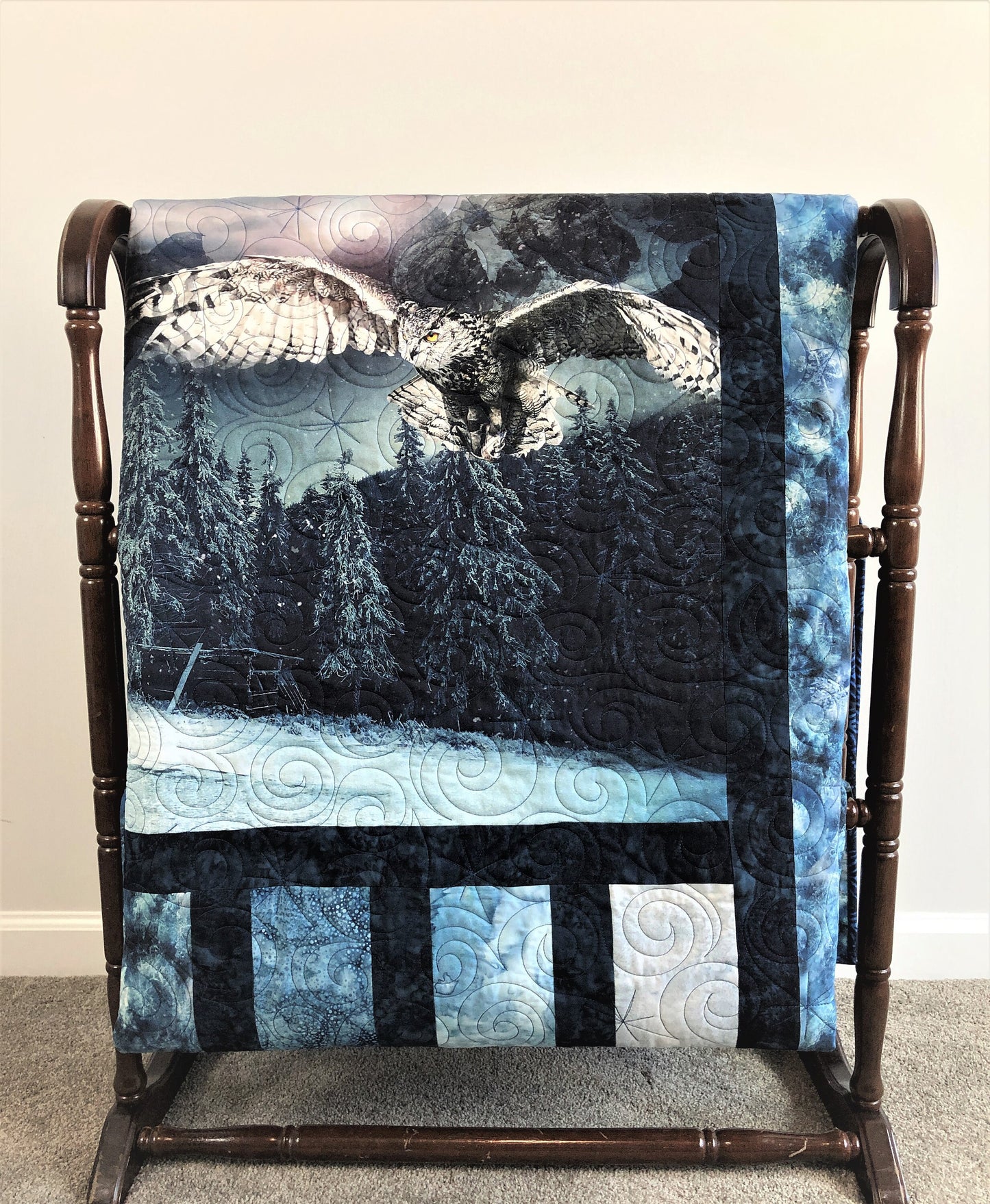 Owl Flying Over a Snowy Cabin Quilt, Blue and Gray, Throw Size