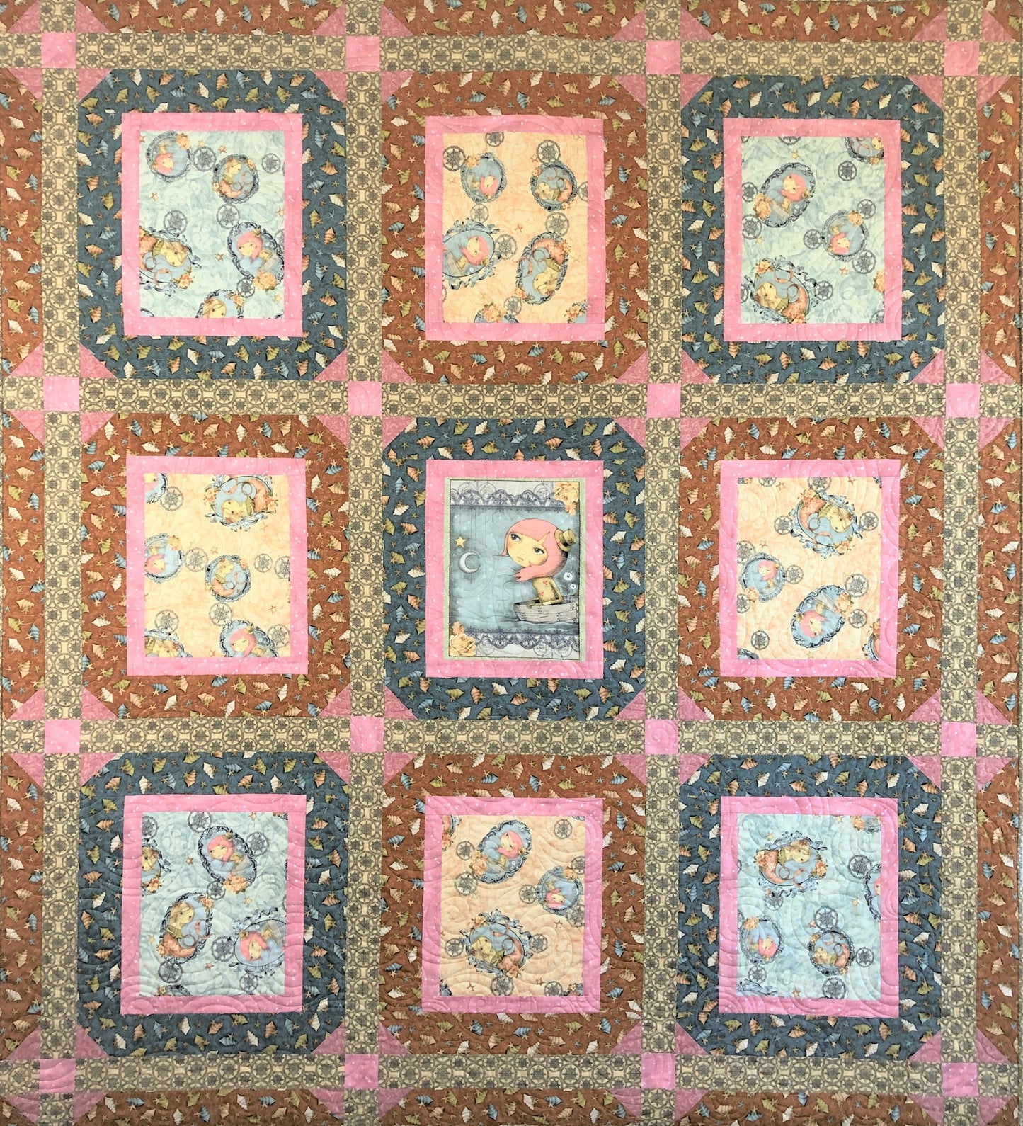 Mermaids and Seashells Quilt, on the Ocean, Terracotta, Blue, and Pink, Throw Size, Pre-Washed Quilt