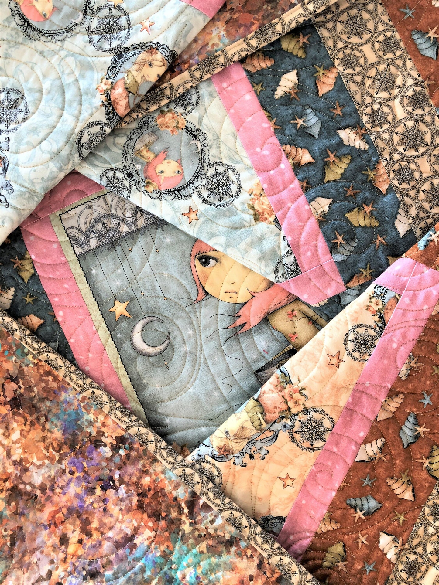 Mermaids and Seashells Quilt, on the Ocean, Terracotta, Blue, and Pink, Throw Size, Pre-Washed Quilt