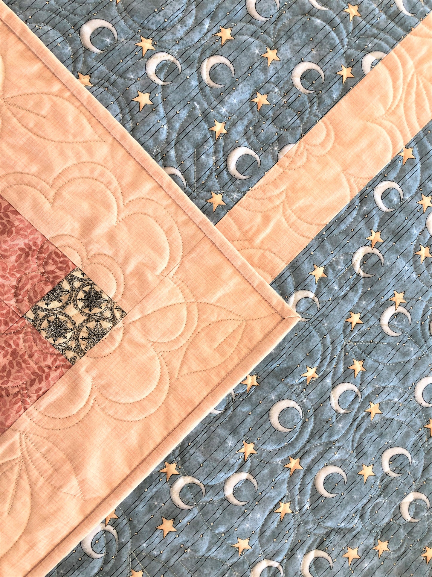 Mermaids and Moons Quilt, on the Ocean, Orange, Peach, and Blue, Throw Size, Pre-Washed Quilt