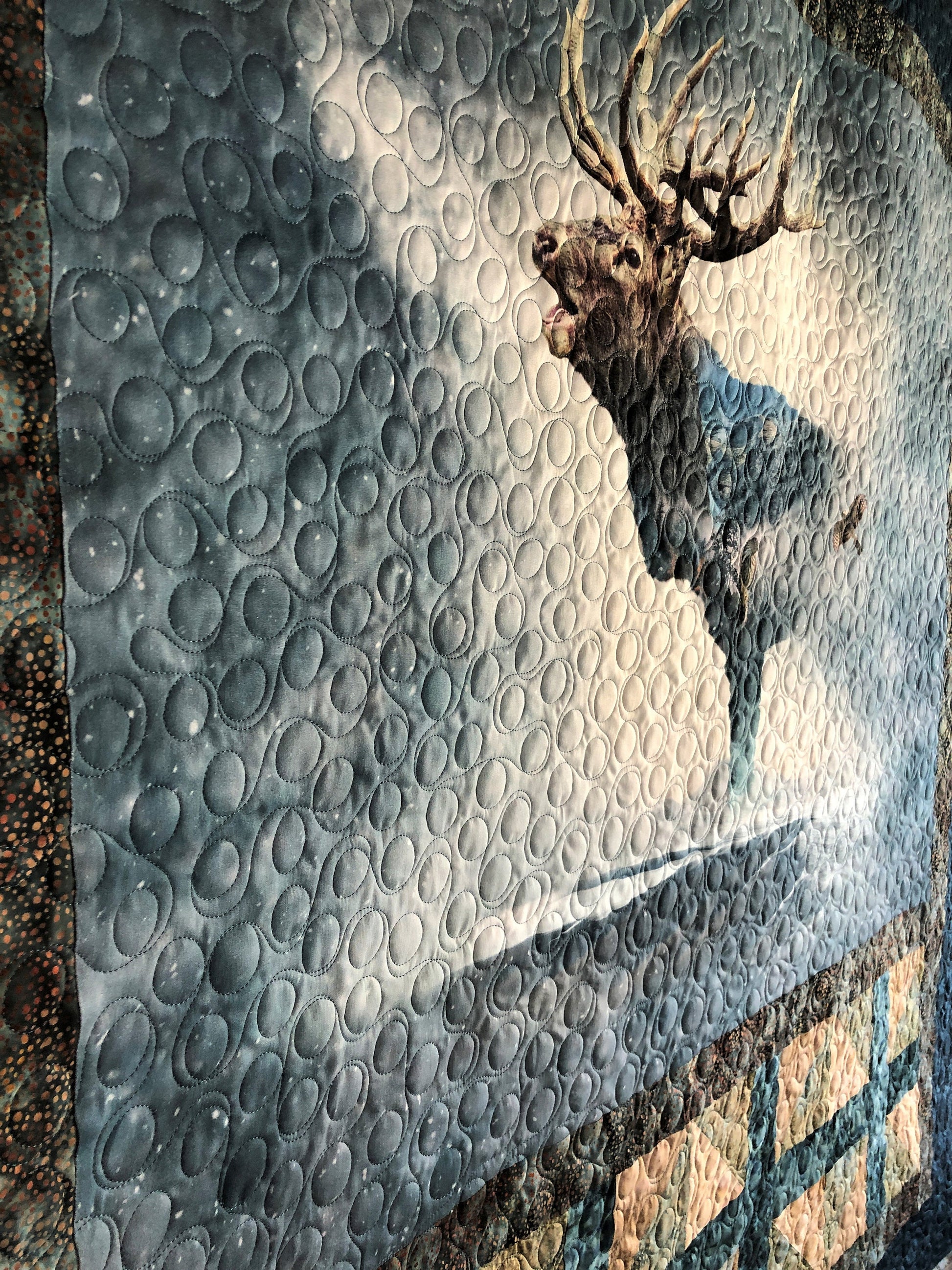 Elk in the Misty Mountains Quilt, Blue and Tan, Lap Size