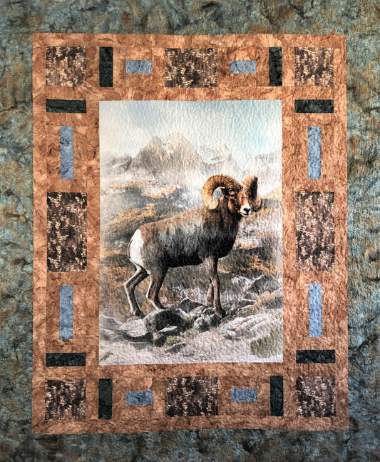 Rocky Mountain Big Horned Sheep Quilt, Tan, Green, and Blue, Throw Size