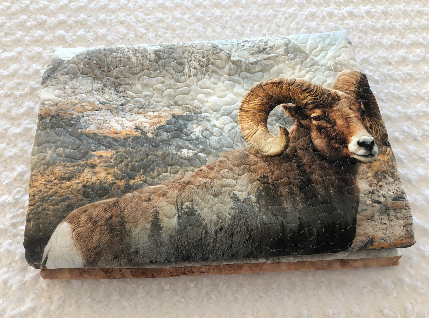 Rocky Mountain Big Horned Sheep Quilt, Tan, Green, and Blue, Throw Size