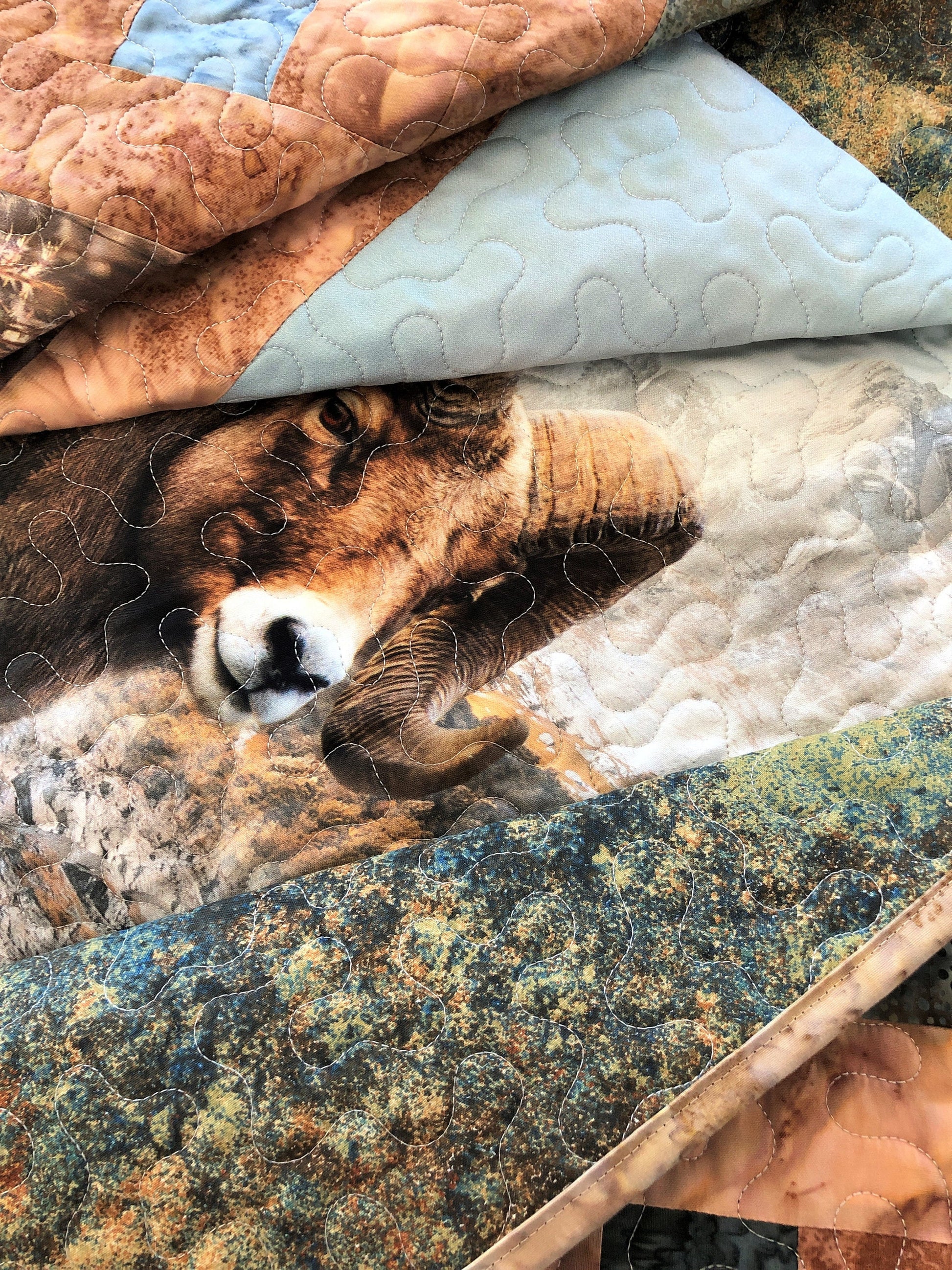 Rocky Mountain Big Horned Sheep Quilt, Tan, Green, and Blue, Throw Size