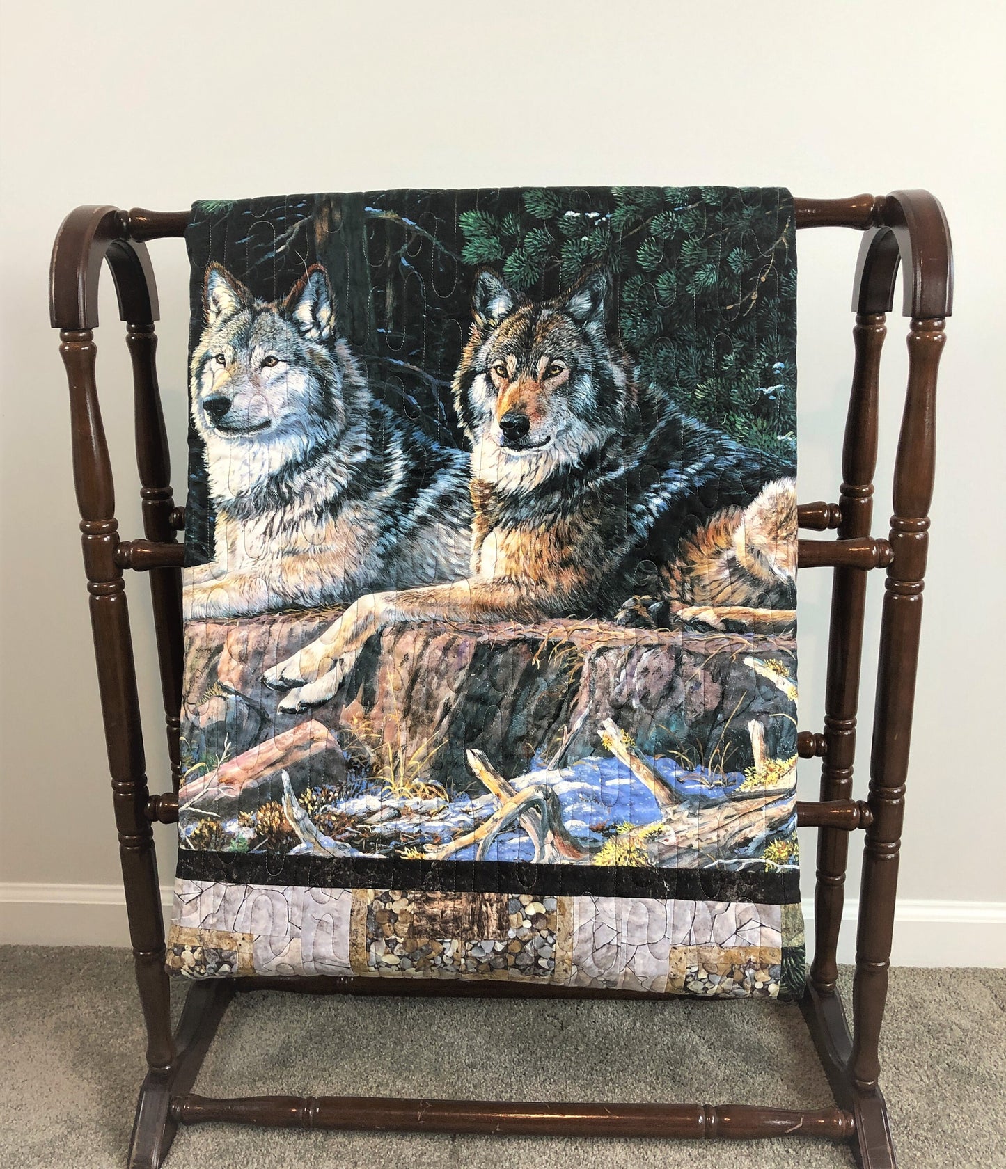 Wolves in the Woods Quilt, Tan, Gray, and Green, Lap Size