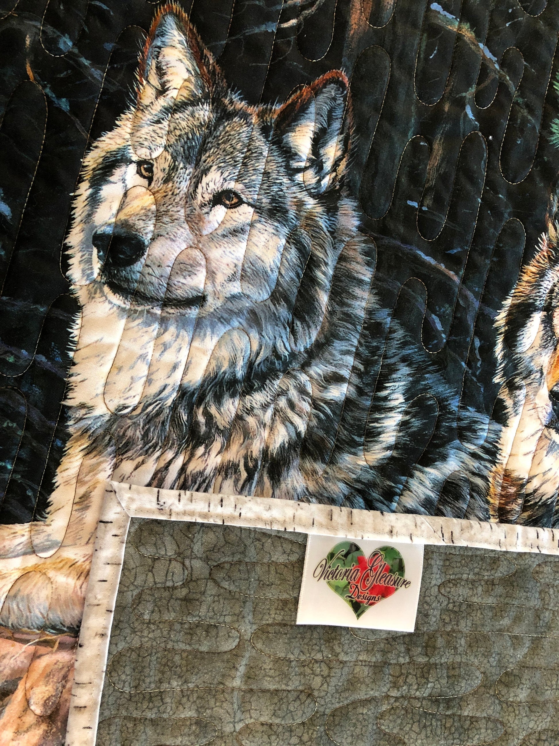 Wolves in the Woods Quilt, Tan, Gray, and Green, Lap Size