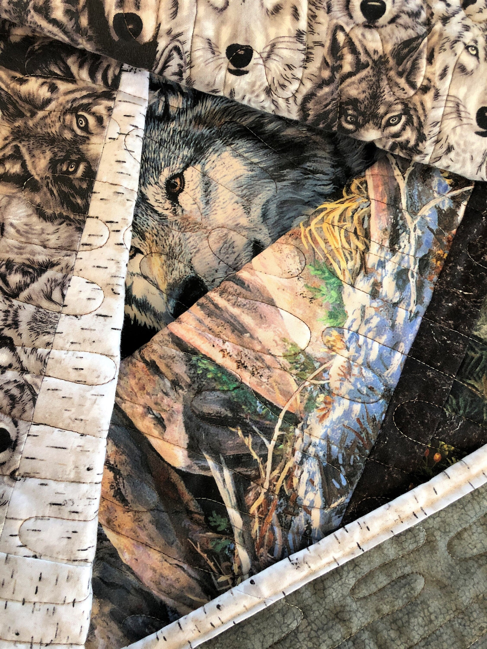 Wolves in the Woods Quilt, Tan, Gray, and Green, Lap Size