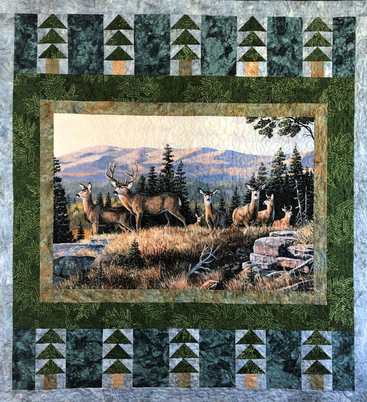 Deer Quilt, Roaming the Mountain Plains, Green and Blue, Lap Size