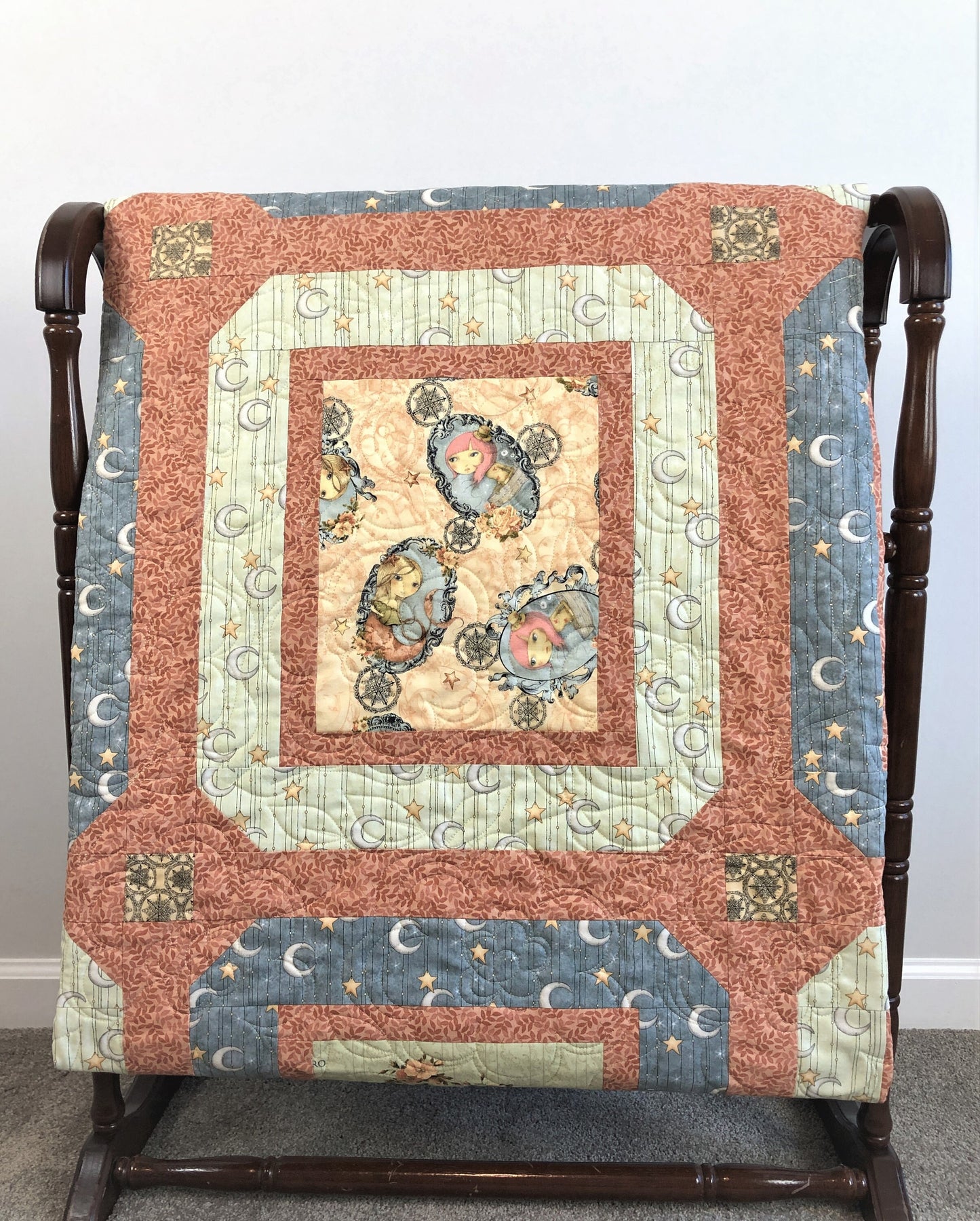 Mermaids and Moons Quilt, on the Ocean, Orange, Peach, and Blue, Throw Size, Pre-Washed Quilt