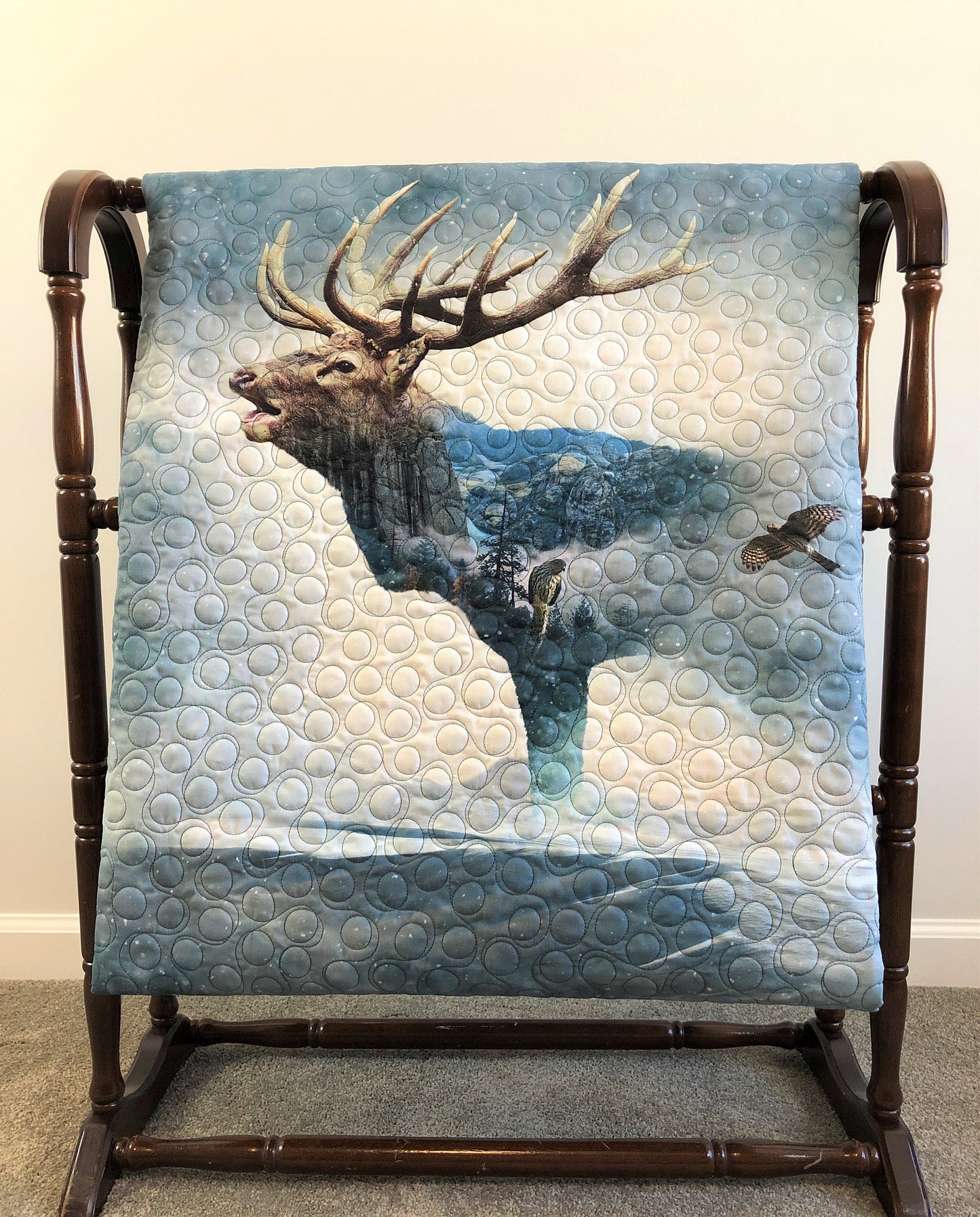 Elk in the Misty Mountains Quilt, Blue and Tan, Lap Size