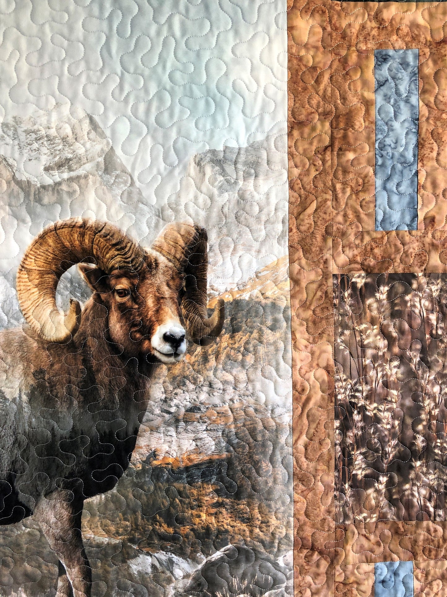 Rocky Mountain Big Horned Sheep Quilt, Tan, Green, and Blue, Throw Size