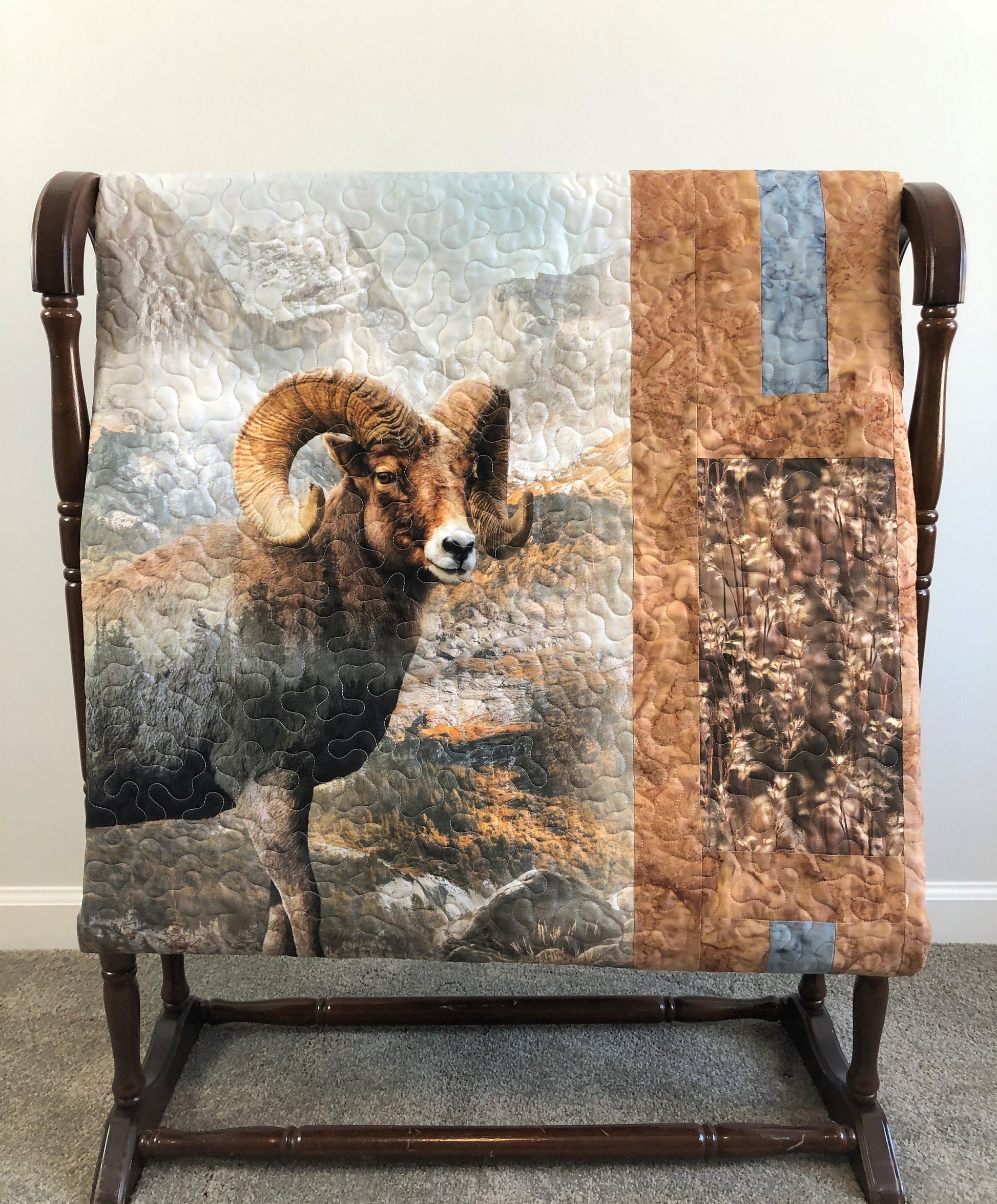 Rocky Mountain Big Horned Sheep Quilt, Tan, Green, and Blue, Throw Size