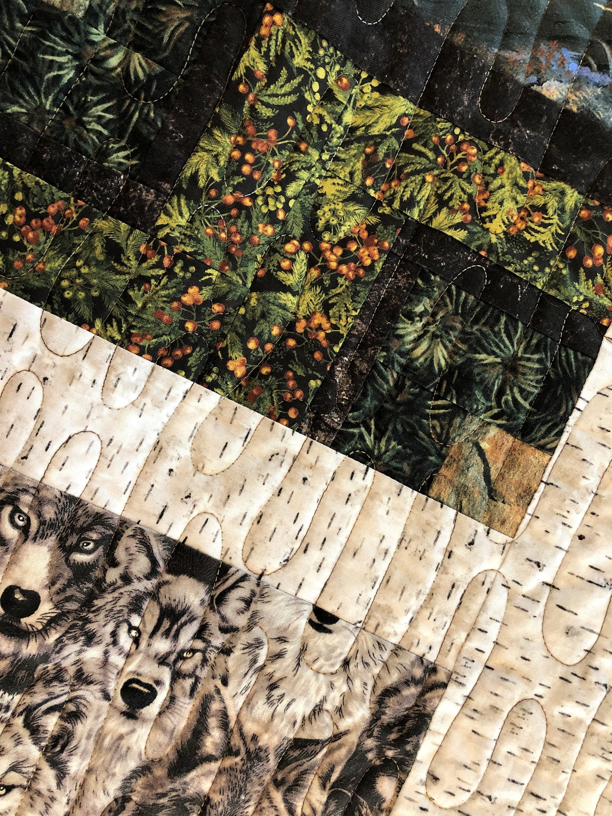 Wolves in the Woods Quilt, Tan, Gray, and Green, Lap Size