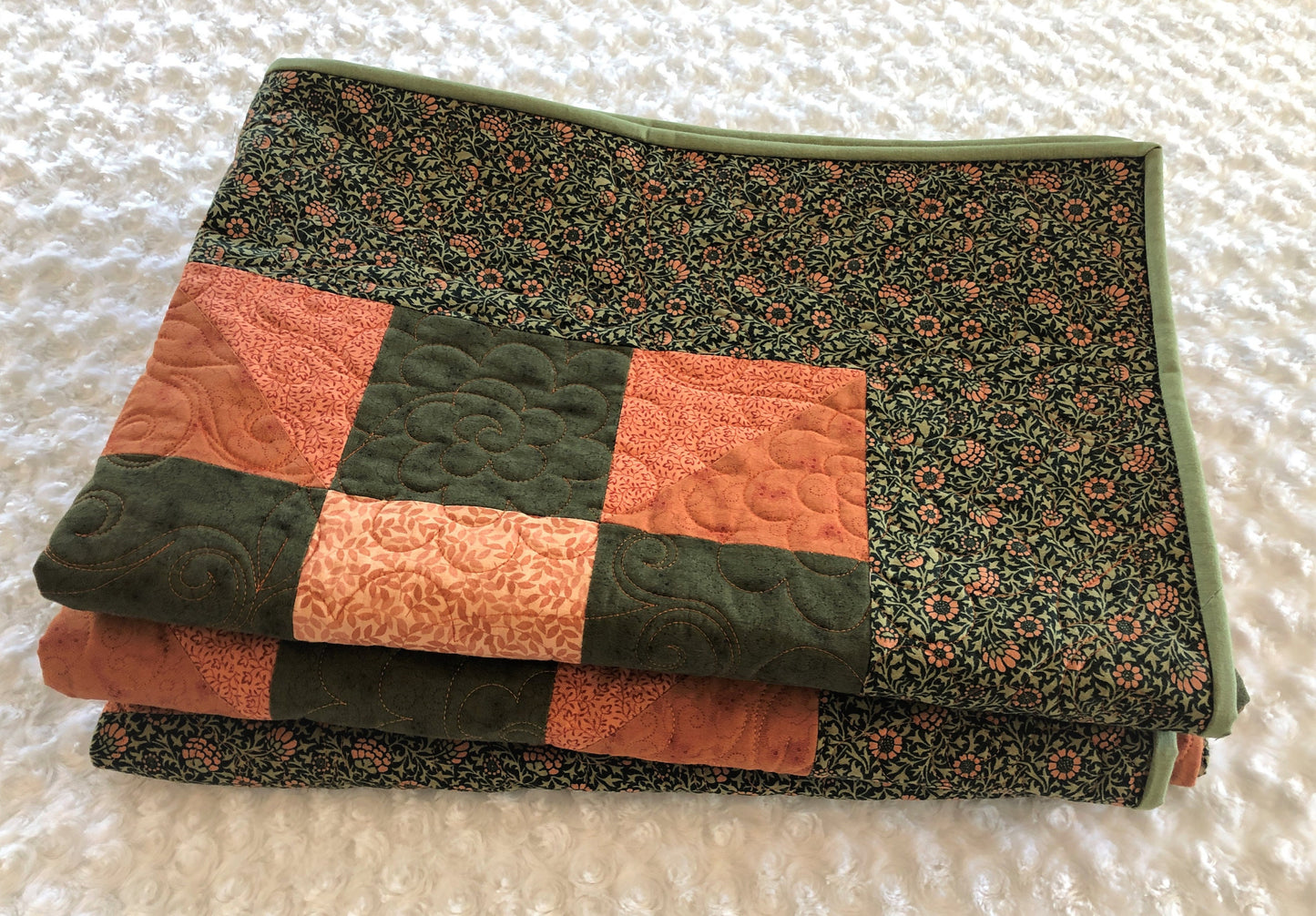 Traditional Calico Puzzle Quilt, Orange and Green Floral, Double Sided, Throw Size