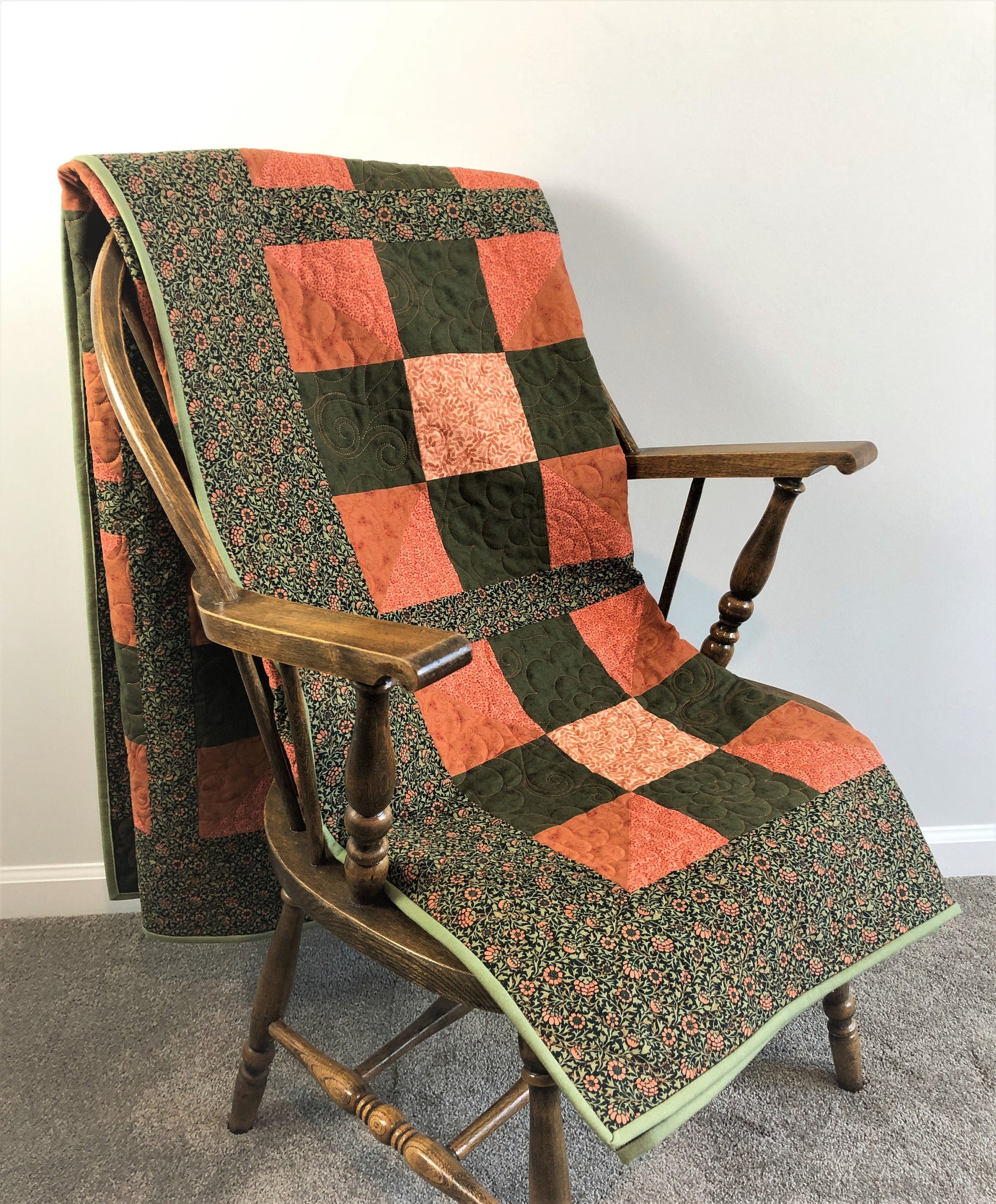 Traditional Calico Puzzle Quilt, Orange and Green Floral, Double Sided, Throw Size