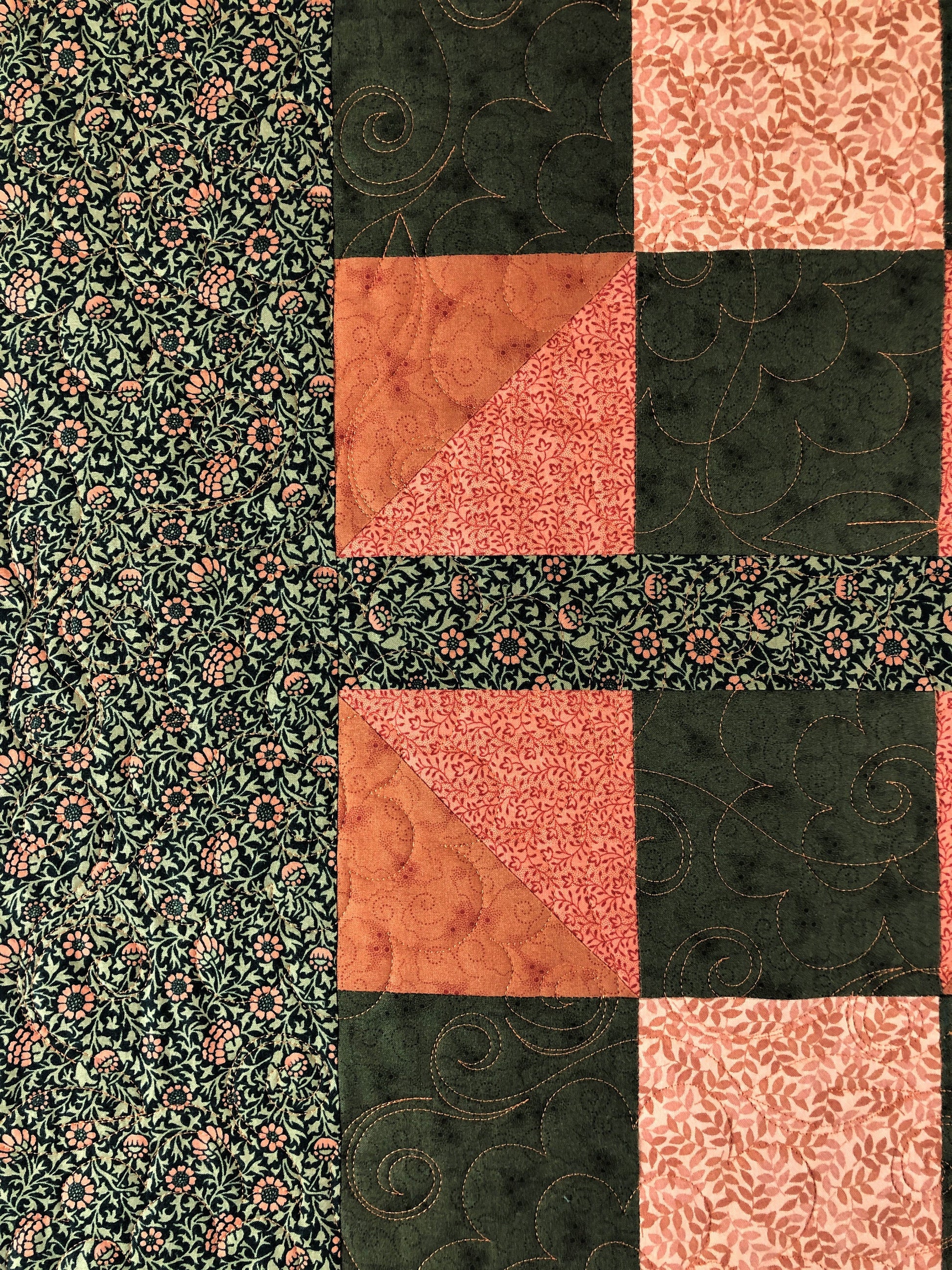 Traditional Calico Puzzle Quilt, Orange and Green Floral, Double Sided, Throw Size