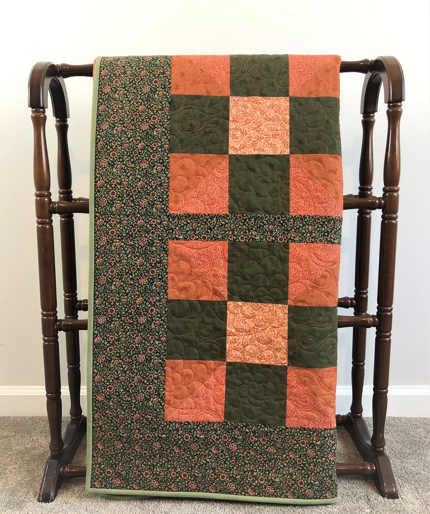 Traditional Calico Puzzle Quilt, Orange and Green Floral, Double Sided, Throw Size