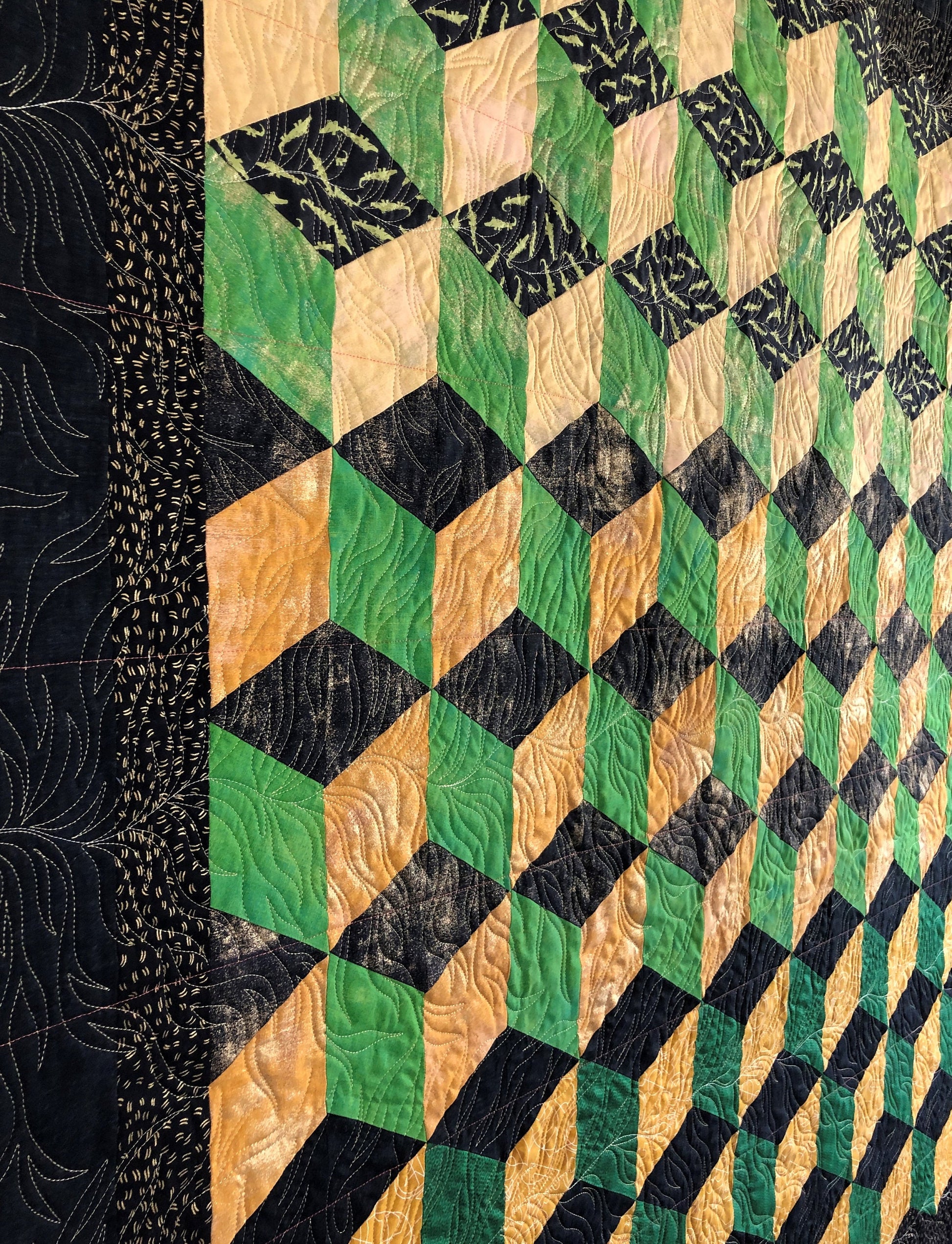 Loki Quilt, Cube Optical Illusion, Green, Black, and Gold, Throw Size