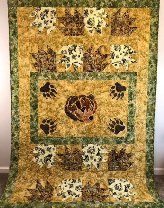 Golden Bear Quilt, Gold, Green and Brown, With Appliqué, XL Twin Size