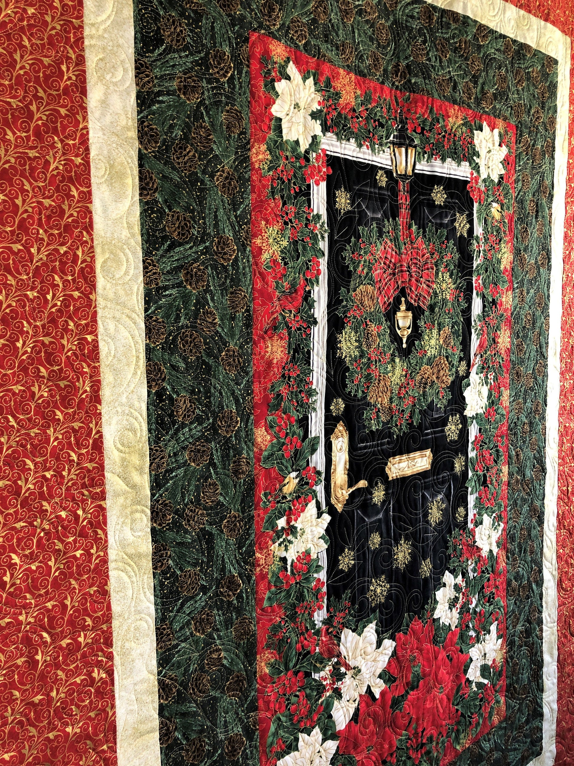 Welcome Christmas Door Handmade Throw Quilt, With Wreath and Poinsettia, Red, Green, White, and Metallic Gold, Throw Quilt