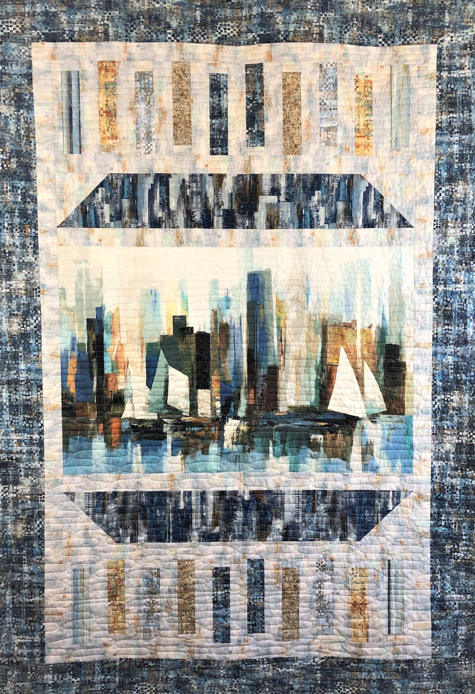 Modern City Bay With Sail Boats Handmade Throw Quilt