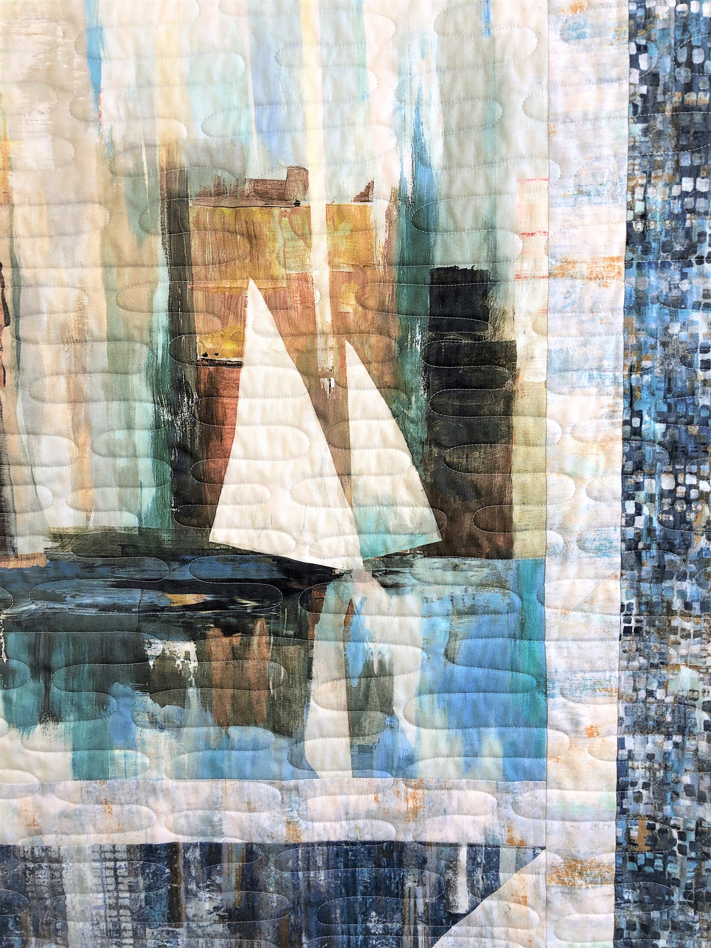 Modern City Bay With Sail Boats Handmade Throw Quilt