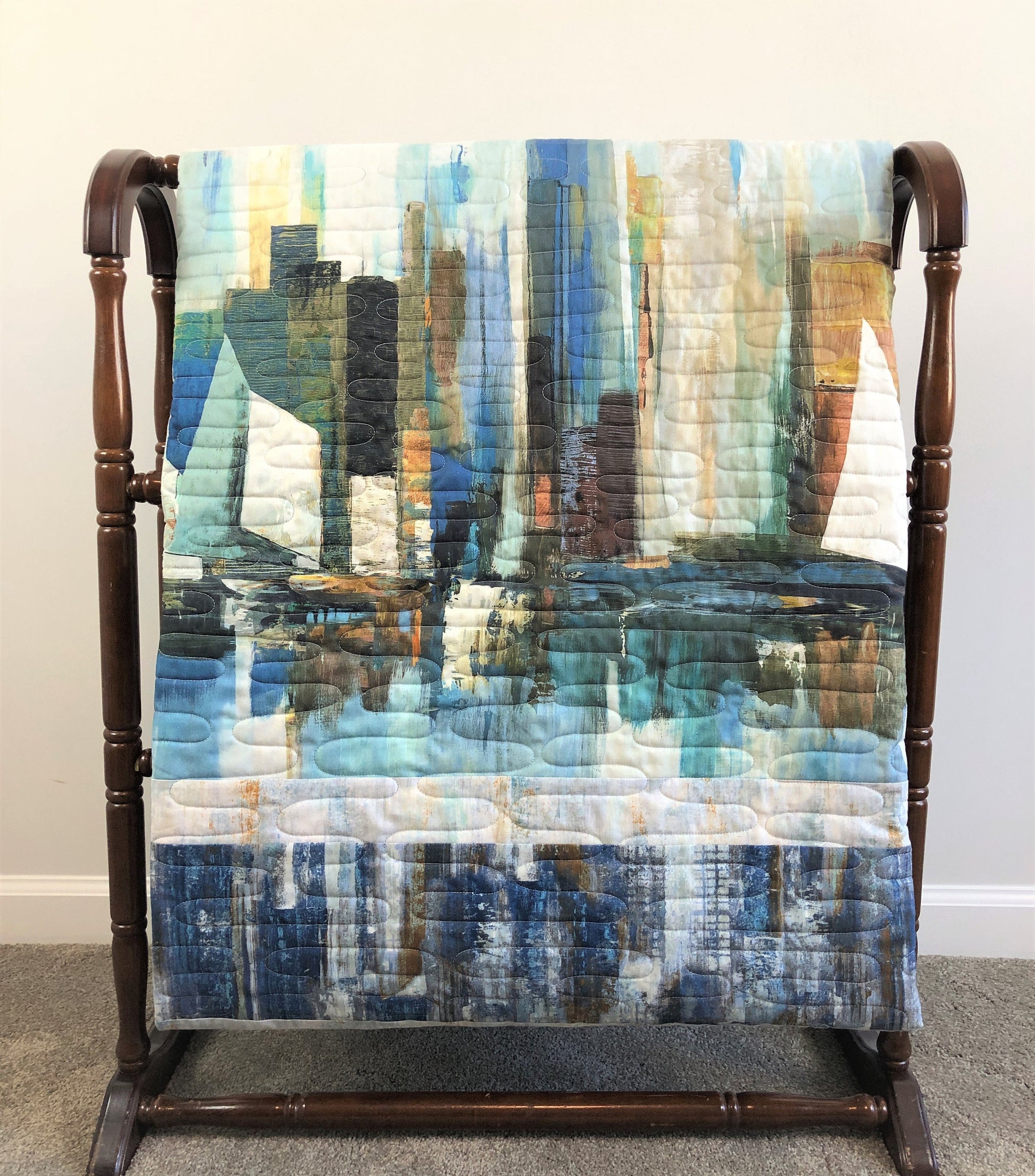 Modern City Bay With Sail Boats Handmade Throw Quilt