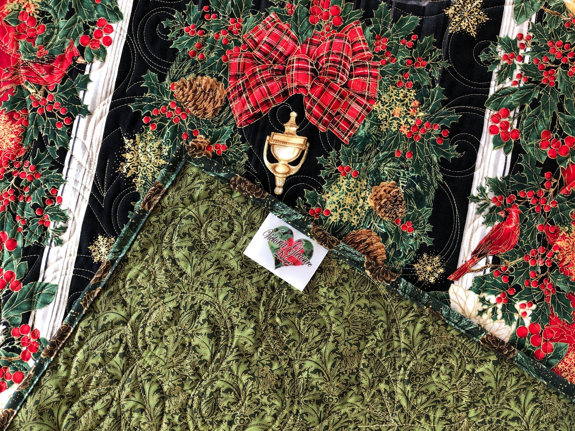 Welcome Christmas Door Handmade Throw Quilt, With Wreath and Poinsettia, Red, Green, White, and Metallic Gold, Throw Quilt