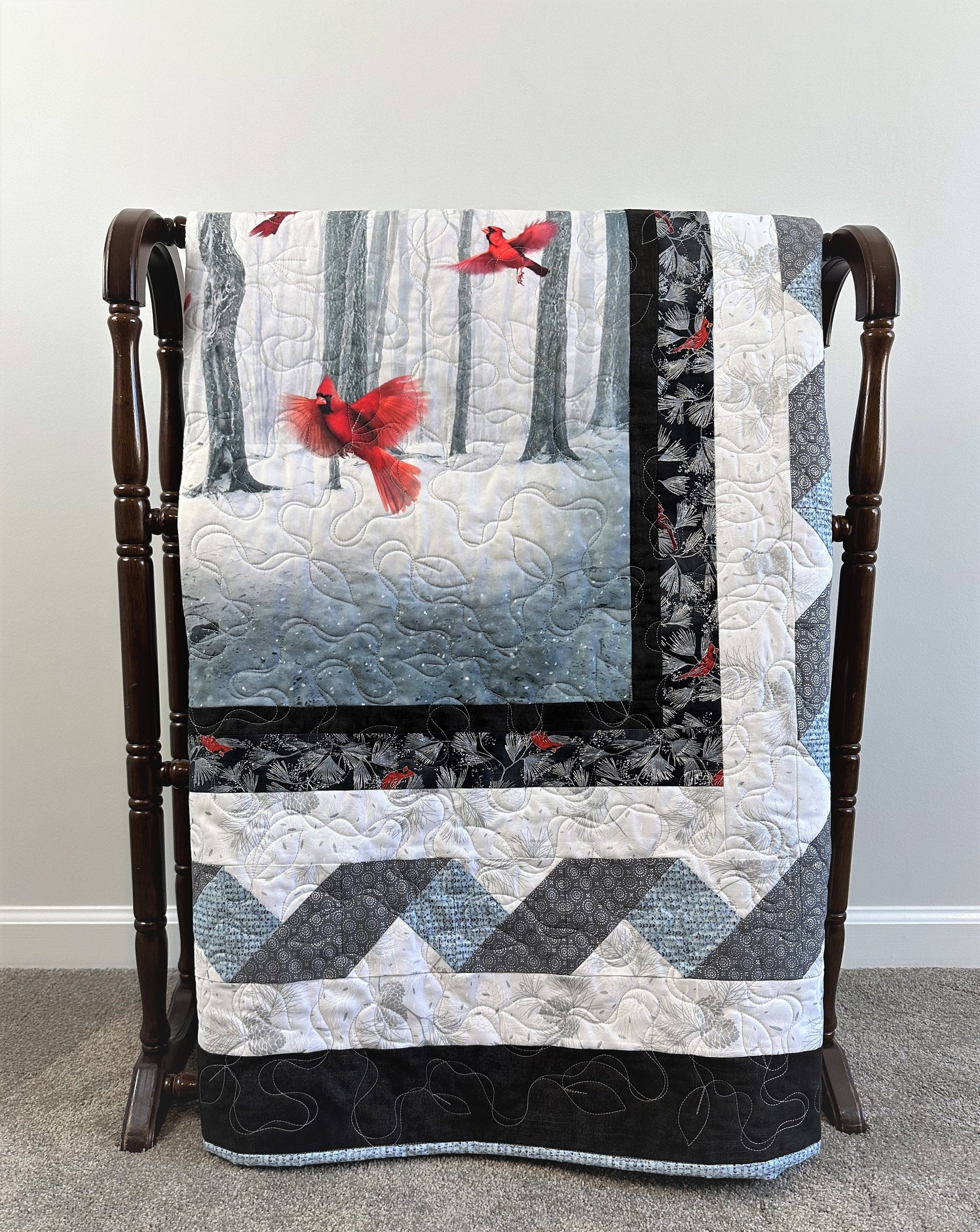 Winter Forest with Cardinals, Landscape Throw Size Quilt