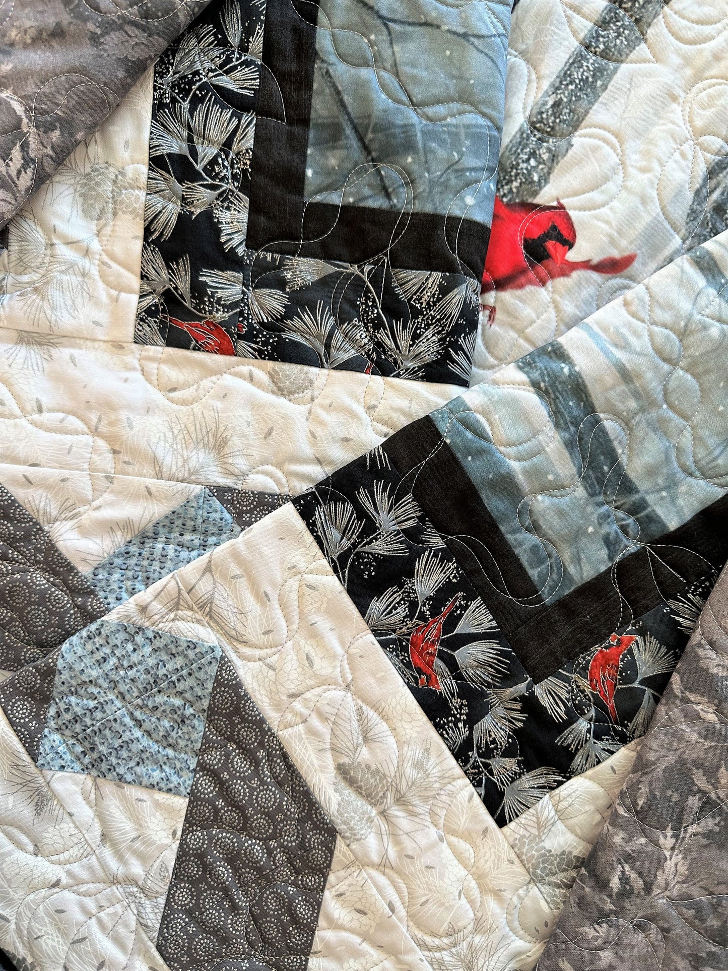 Winter Forest with Cardinals, Landscape Throw Size Quilt