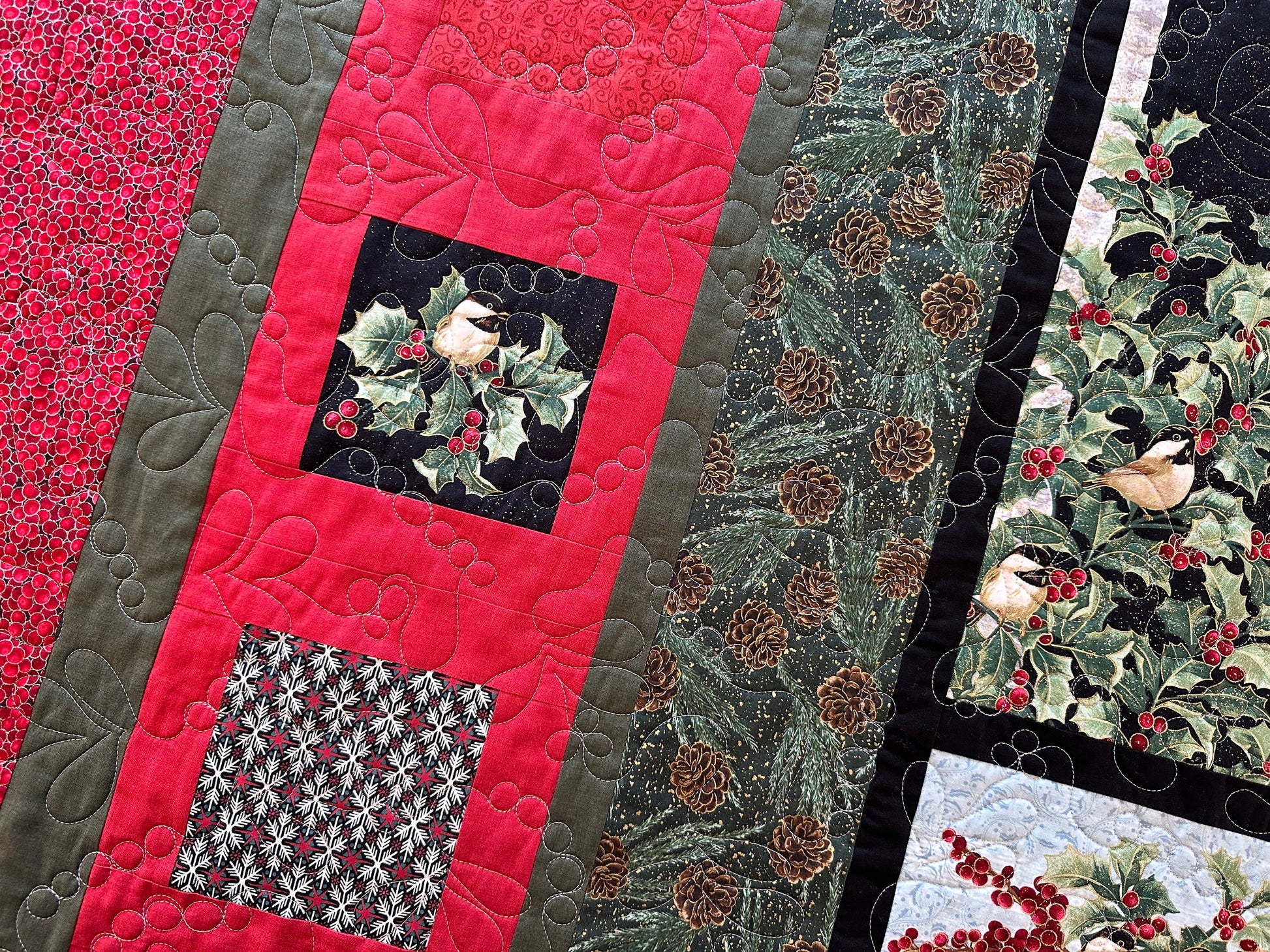 Chickadee Birdhouse with Holly Throw Quilt