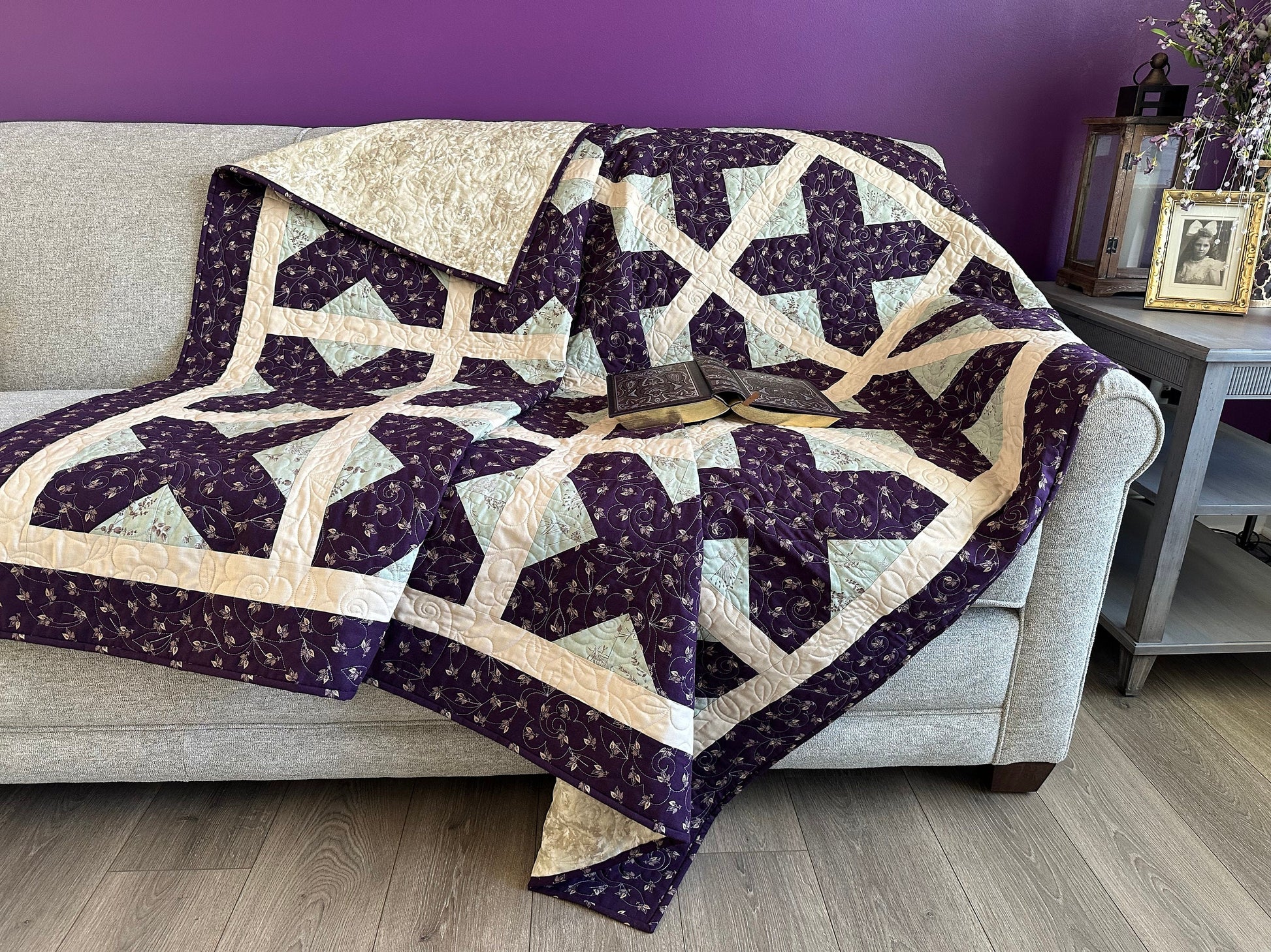 Purple Floral Lattice Large Throw Quilt