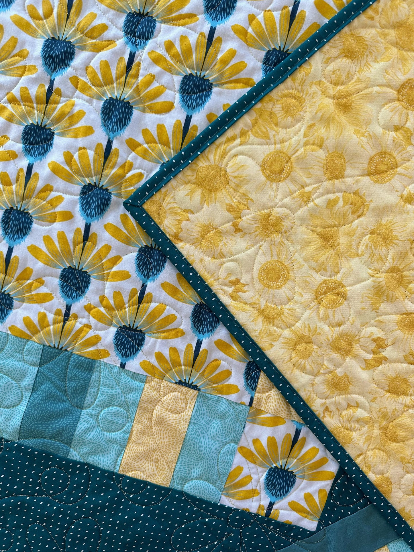 Yellow Echinacea Flower With Teal Polka Dots, Lap Quilt