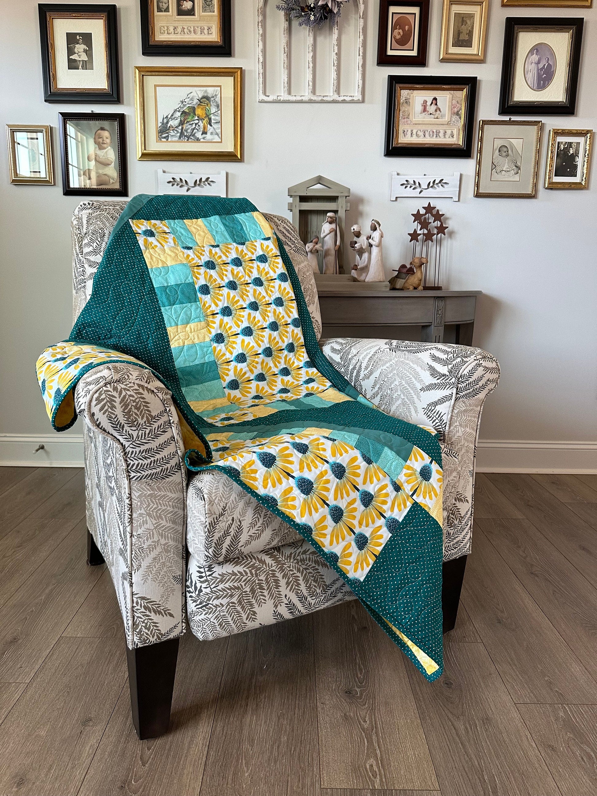 Yellow Echinacea Flower With Teal Polka Dots, Lap Quilt