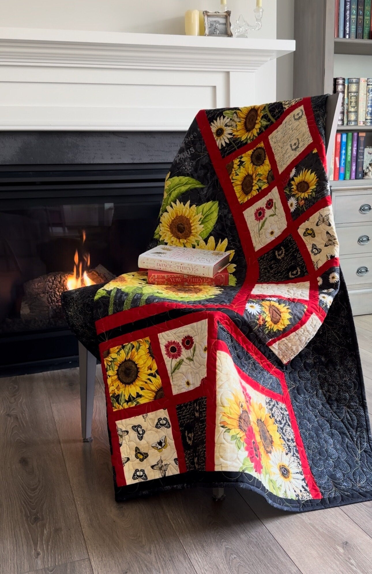 Sunflower Quilt, Red, Yellow, and Black, Throw Size