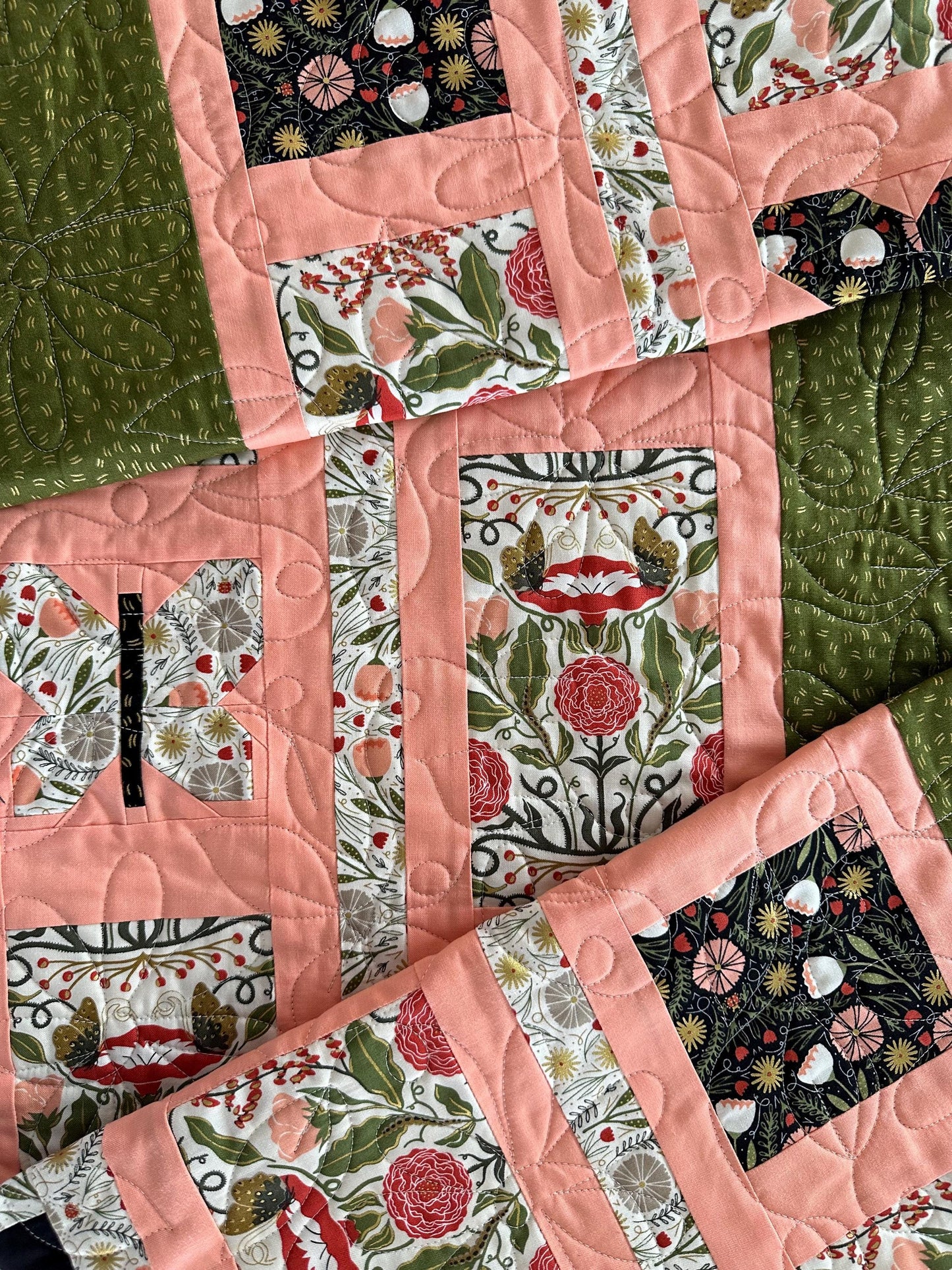 Where Flowers Bloom Quote, Floral Green and Pink, Large Lap Quilt