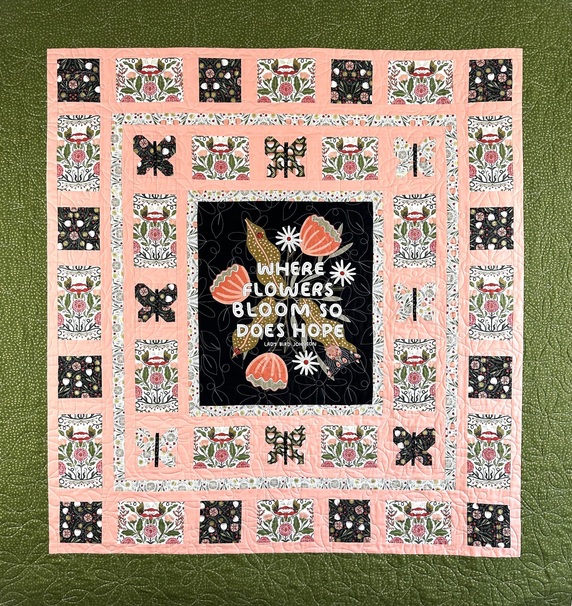 Where Flowers Bloom Quote, Floral Green and Pink, Large Lap Quilt