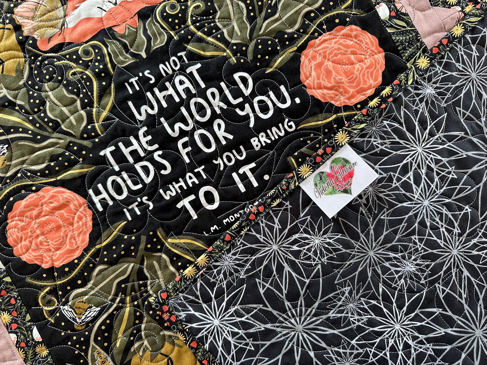 L.M. Montgomery Quote, Floral Red and Black, Large Lap Size Quilt