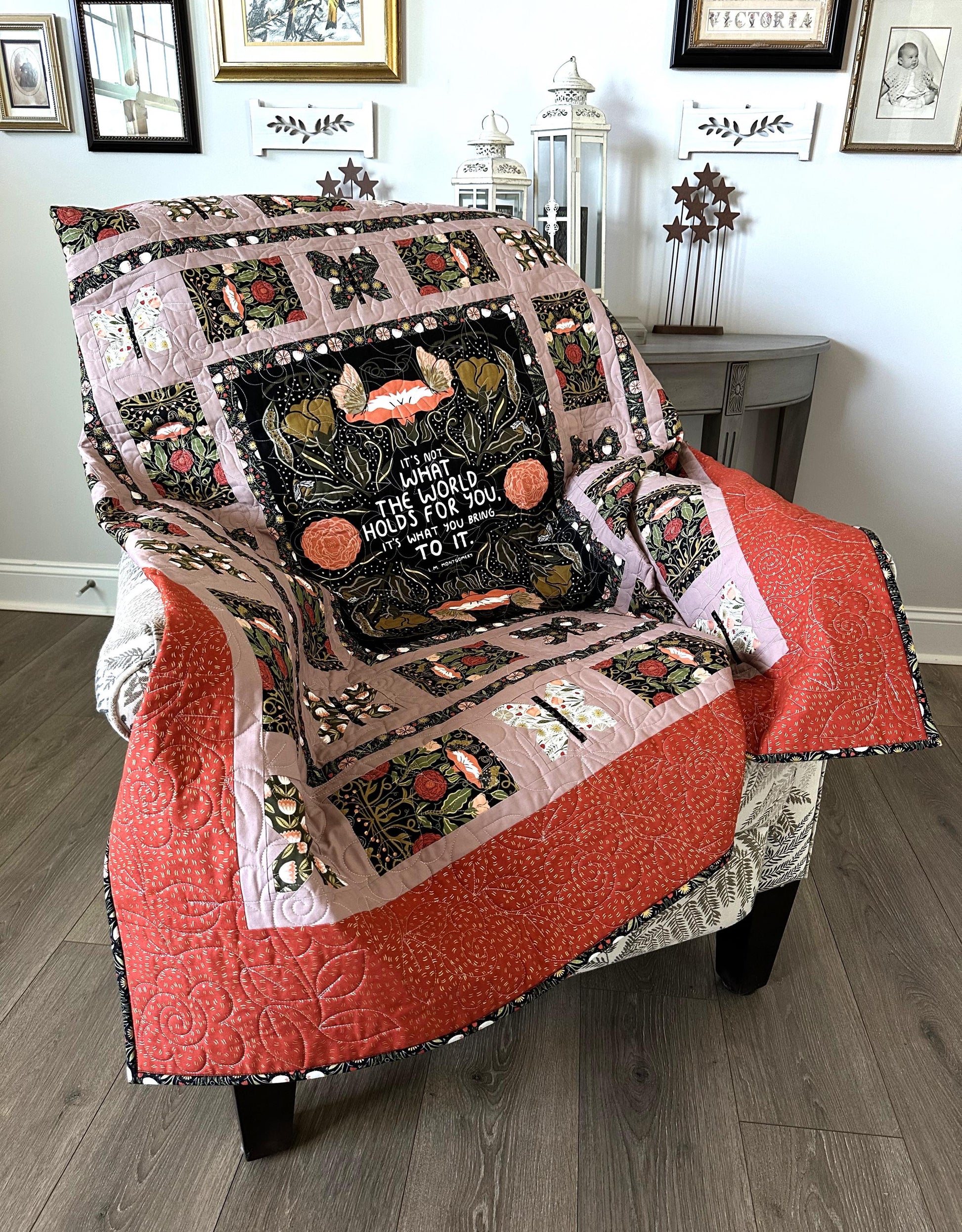 L.M. Montgomery Quote, Floral Red and Black, Large Lap Size Quilt