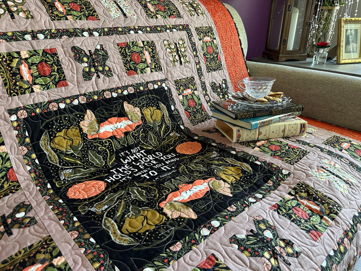 L.M. Montgomery Quote, Floral Red and Black, Large Lap Size Quilt