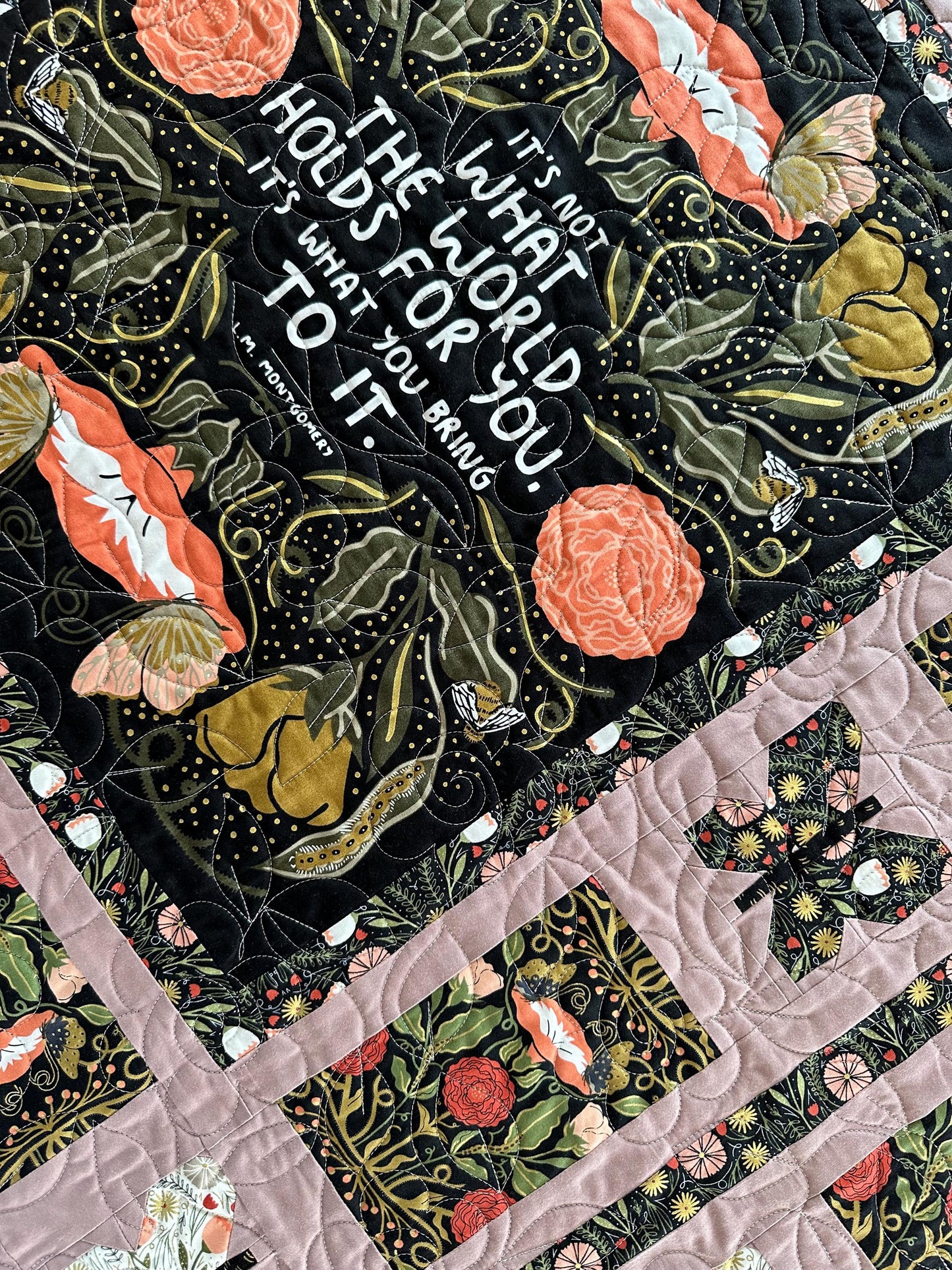 L.M. Montgomery Quote, Floral Red and Black, Large Lap Size Quilt