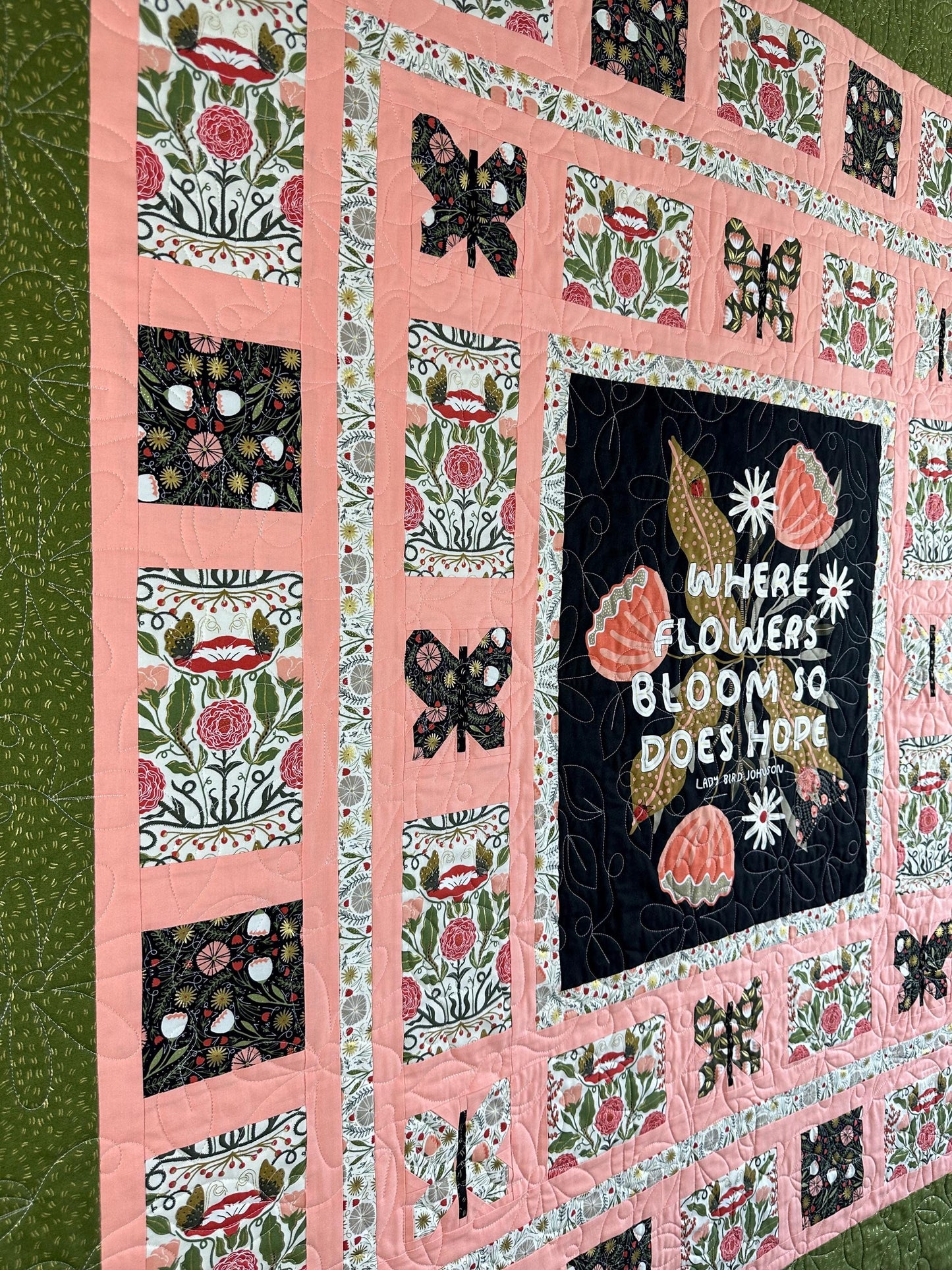 Where Flowers Bloom Quote, Floral Green and Pink, Large Lap Quilt