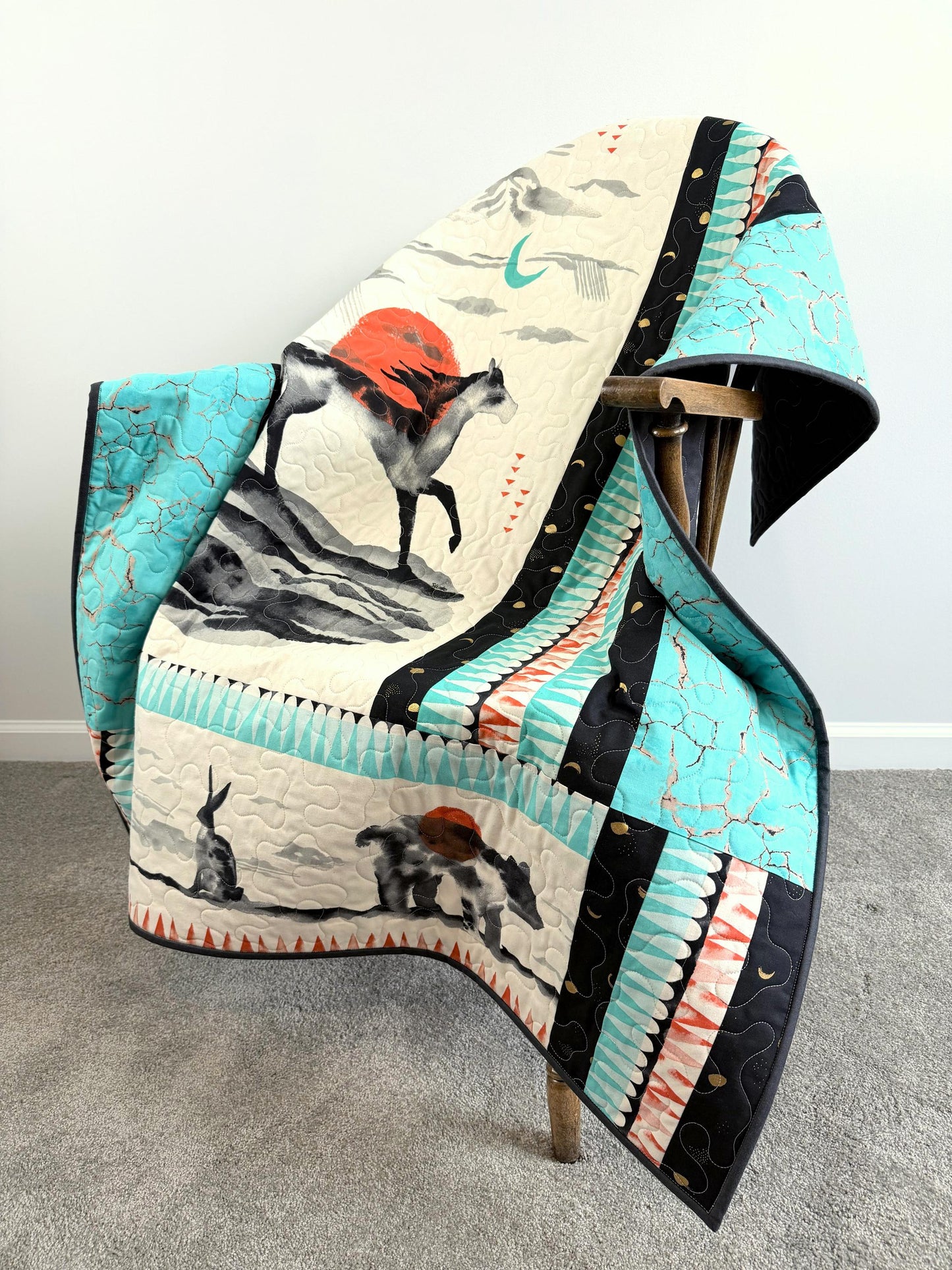 Horse Running Under a Sun Filled Sky Throw Quilt