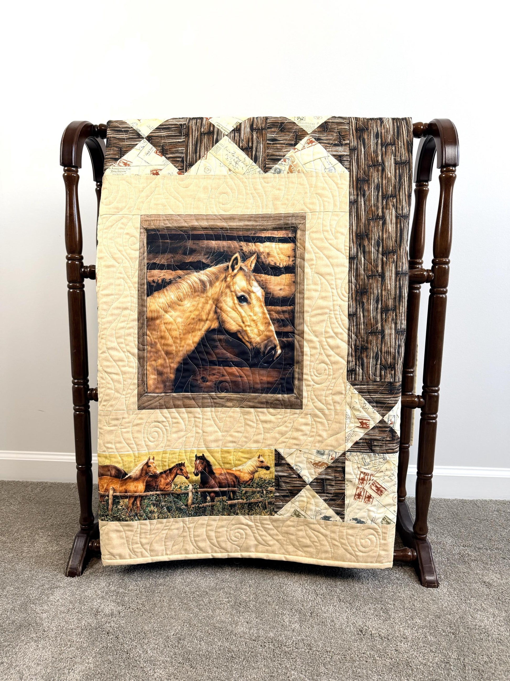 Pony Express, Horses in the Barn Throw Quilt