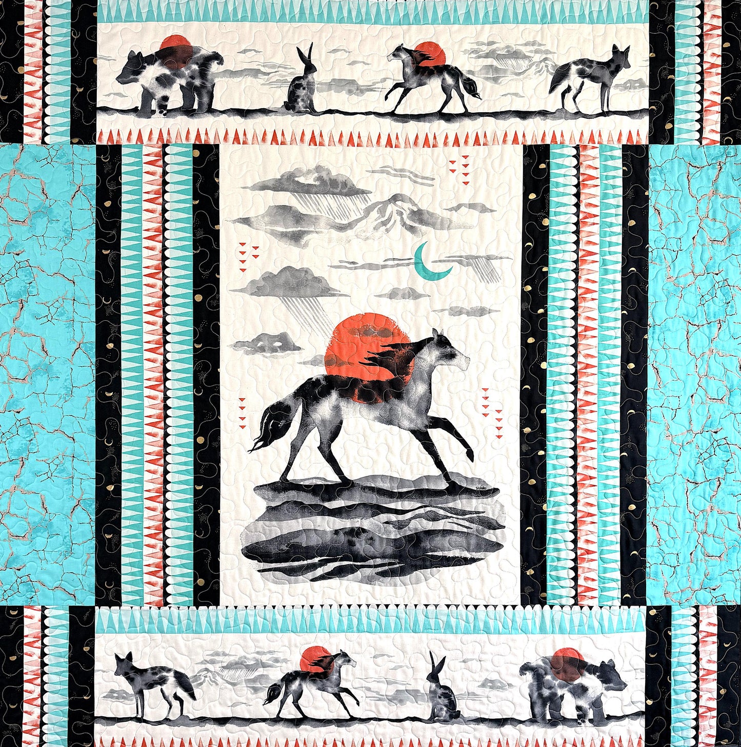 Horse Running Under a Sun Filled Sky Throw Quilt