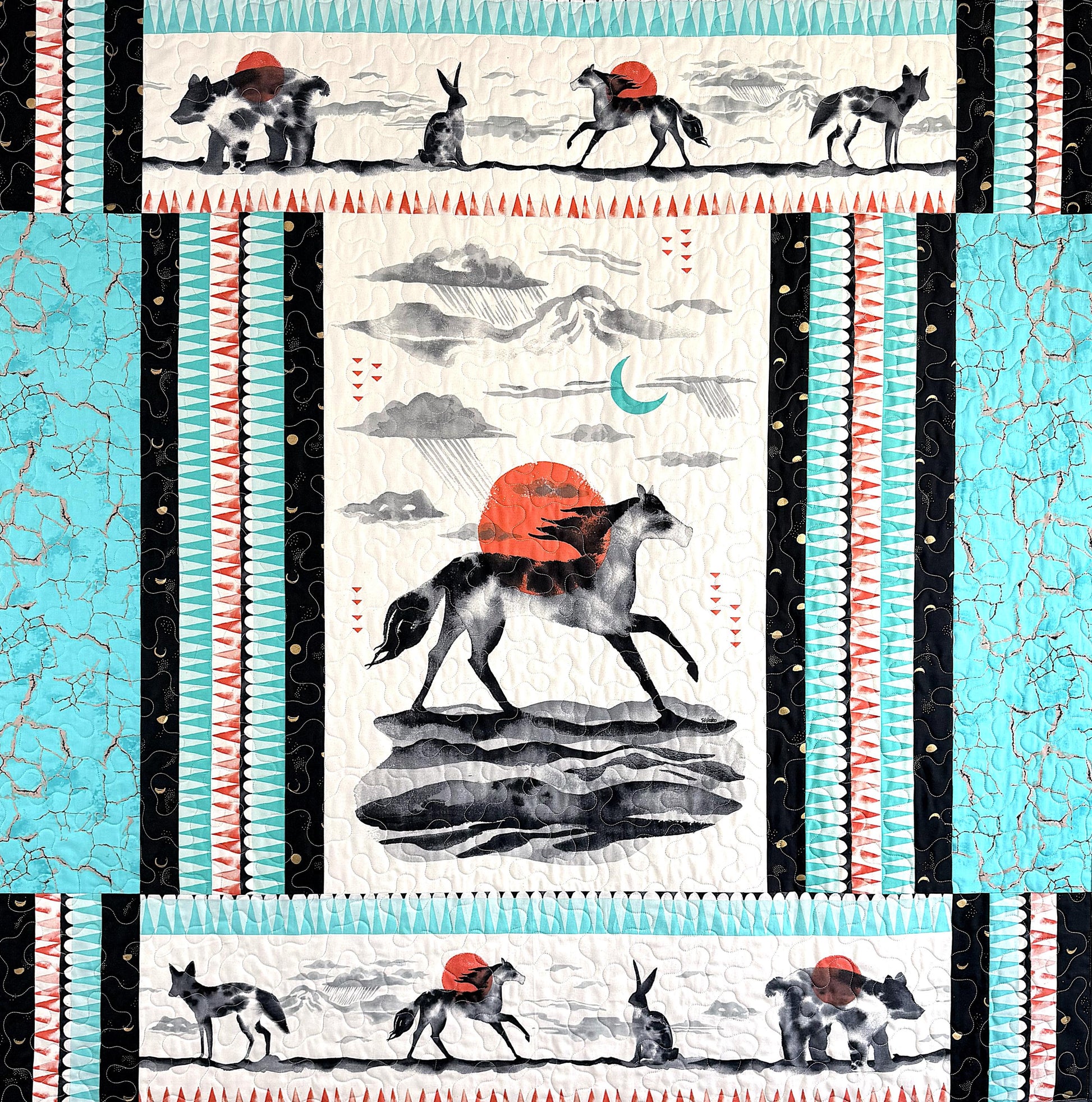 Horse Running Under a Sun Filled Sky Throw Quilt